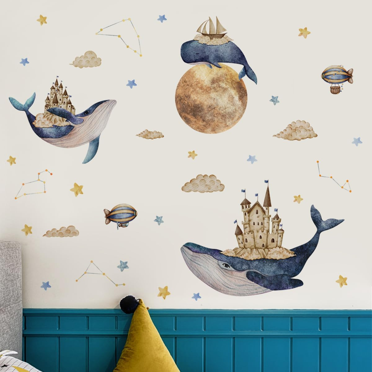 Whale Castle Wall Stickers,Large Whales Dolphins Star Moon Wall Art Decals Peel and Stick Wall Stickers for Boy Bedroom Kids Room Baby Nursery