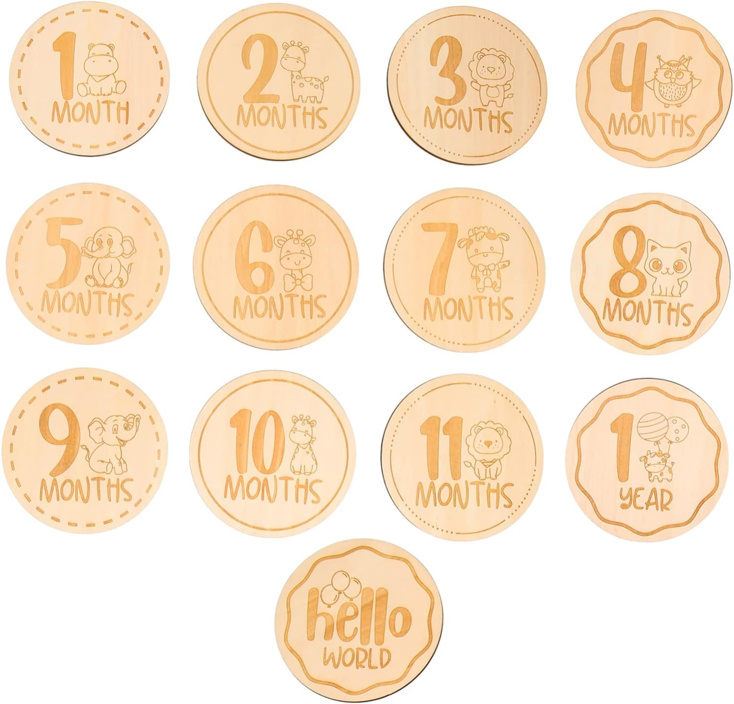 13Pcs Baby Wooden Milestone Cards Cartoon Animal round Growth Photo Props for Infant Newborn Monthly Tracking Accessory Set image number 5
