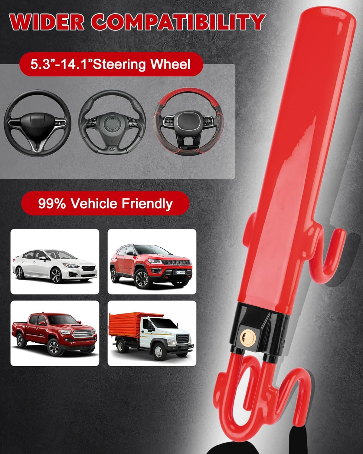 Tevlaphee Steering Wheel Lock Anti-Theft Car Device Heavy Duty Security Car Lock Antitheft Locking Devices Great Deterrent Adjustable Car Wheel Lock anti Theft for Vehicle Truck SUV with 3 Keys (Red) image number 2
