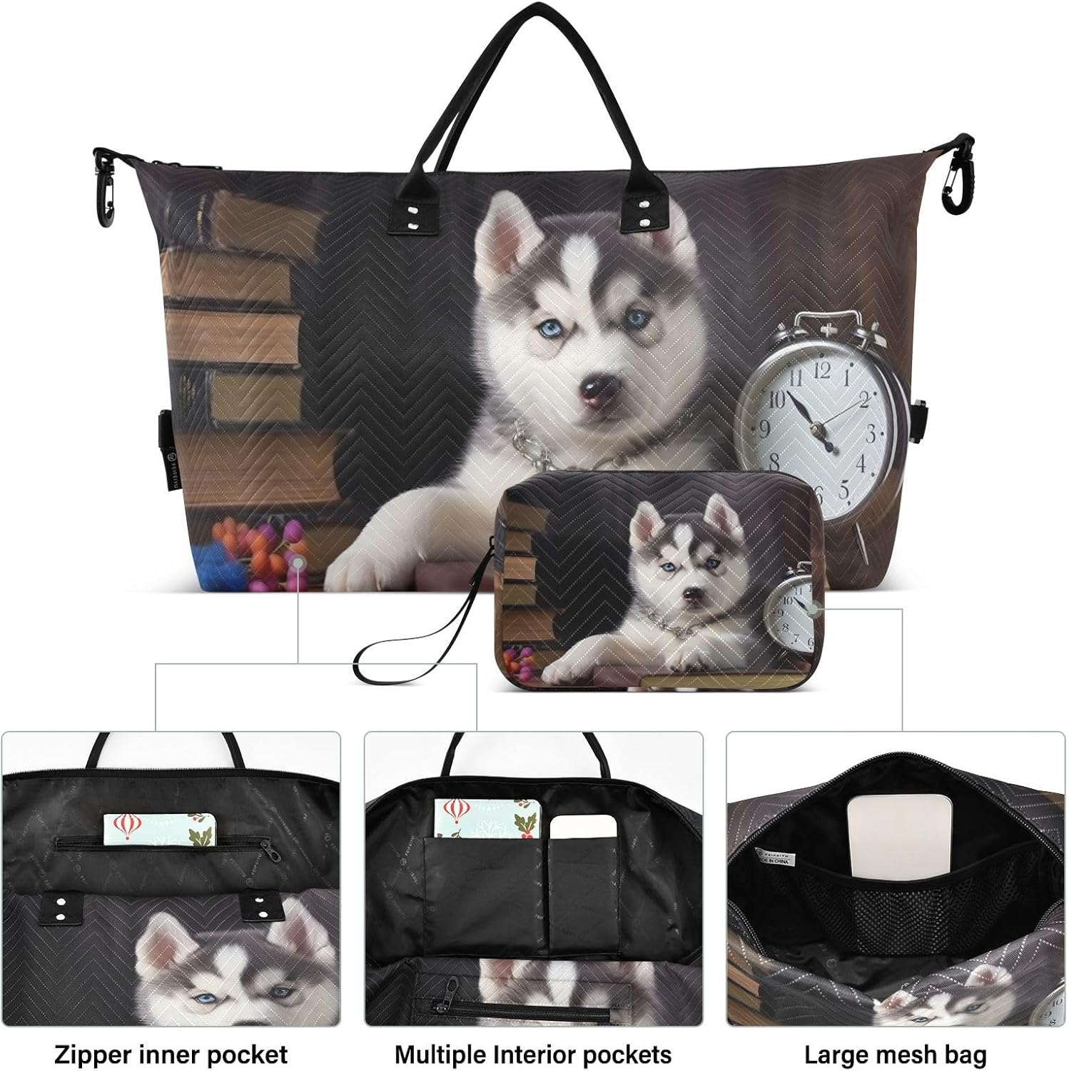 XYMZR Large Travel Duffel Bag, Cute Husky Watch Book Sport Tote Gym Bag, Shoulder Weekender Overnight Bag for Women Men, Carry on Luggage with Toiletry Bag, Multi-Colored image number 2