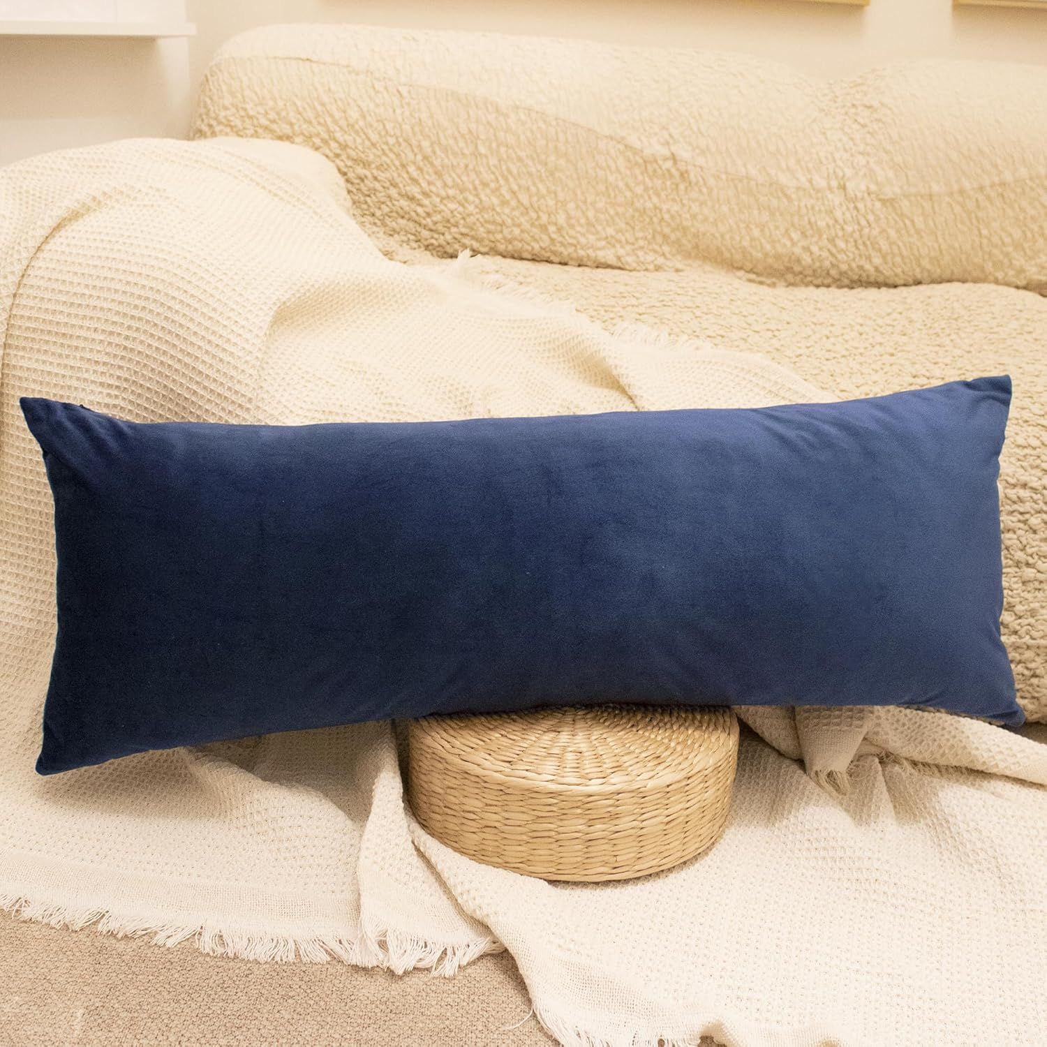 Luxurious Velvet Pillow Cover 14X36 Inch, Soft Solid Decorative Lumbar Pillow Cover Elegant Decor Cushion Case for Couch Sofa Bed Living Room, Dark Blue, Pack of 1 (Cover Only) image number 5