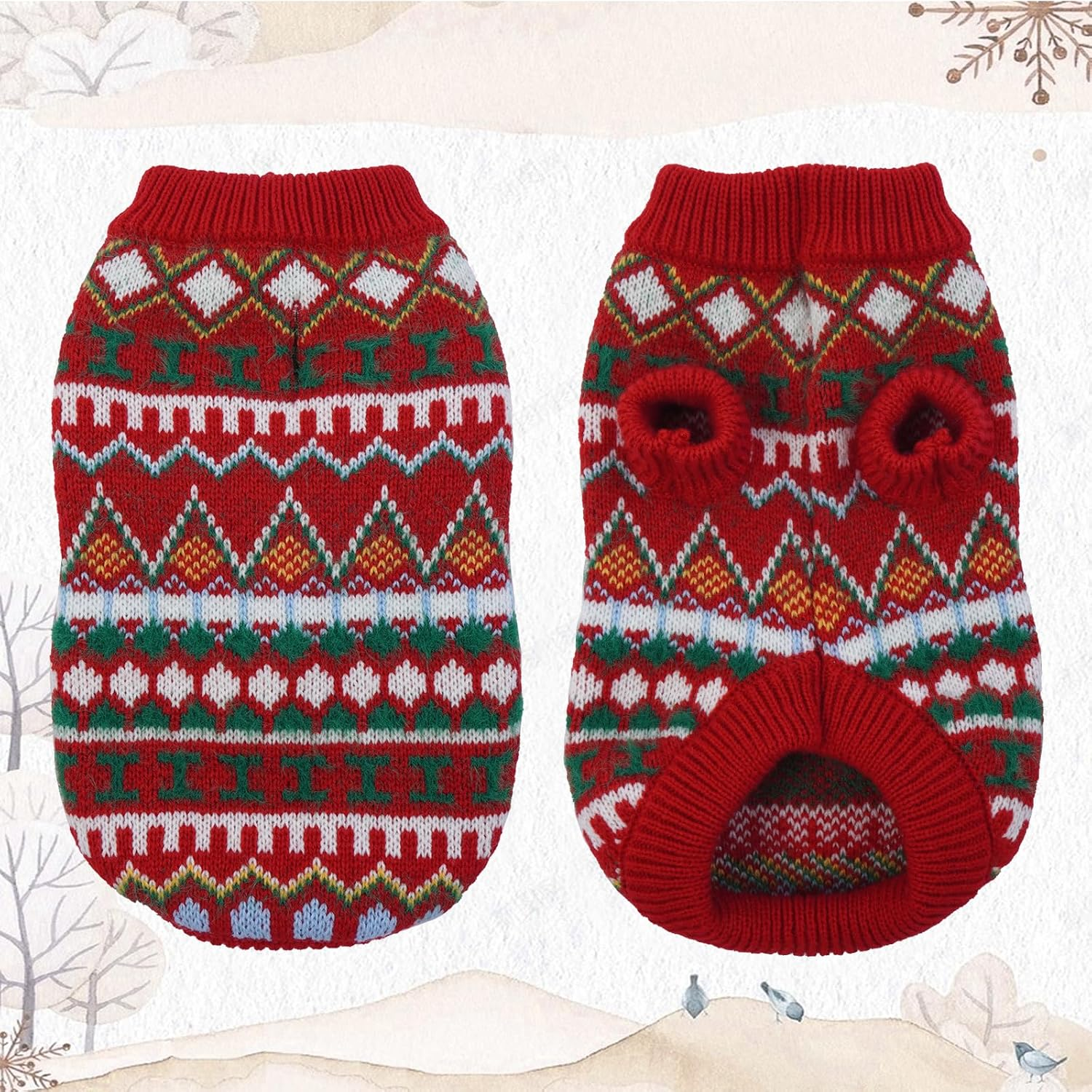 Hjumarayan Boho Dog Jumper - Christmas Jumper for Small Dogs, Beautiful Thick Dog Jumper, French Bulldog Chihuahua (Red-Green, M) image number 2