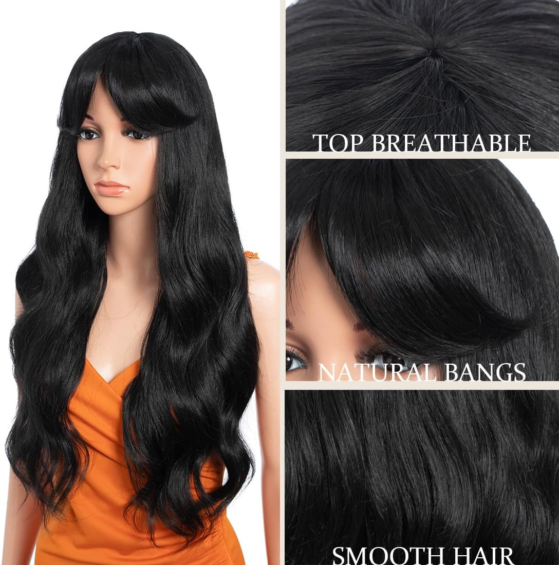 26 Inch Long Wavy Wigs for Women Black Wig with Bangs Ombre Brown Wig with Dark Roots Long Layered Heat Resistant Synthetic Natural Looking Wigs for Daily Party Use (1B) image number 4