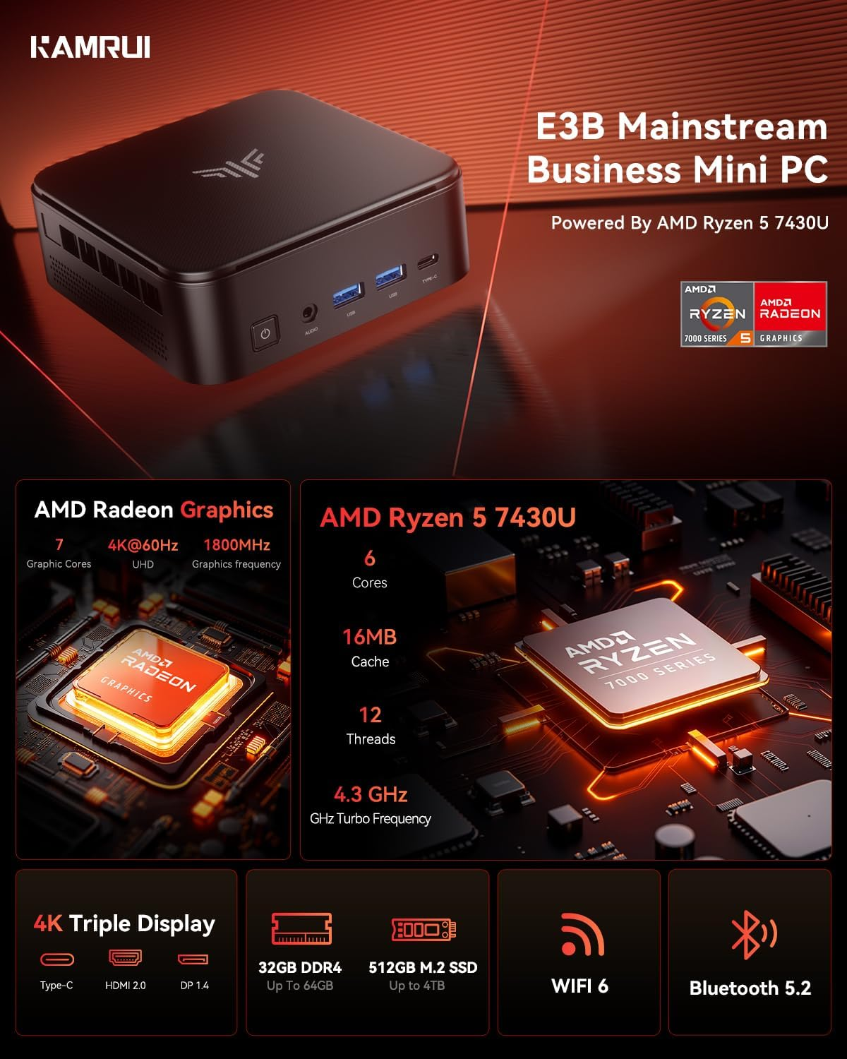 KAMRUI E3B Mini PC, AMD Ryzen 5 7430U (6C/12T, up to 4.3Ghz), 32GB DDR4 512GB M.2 SSD Mini Computers, Micro Pc, Gigabit Ethernet/4K Uhd/Wifi 6/Bt5.2/Vesa/Home/Business Mini Desktop Computer image number 5