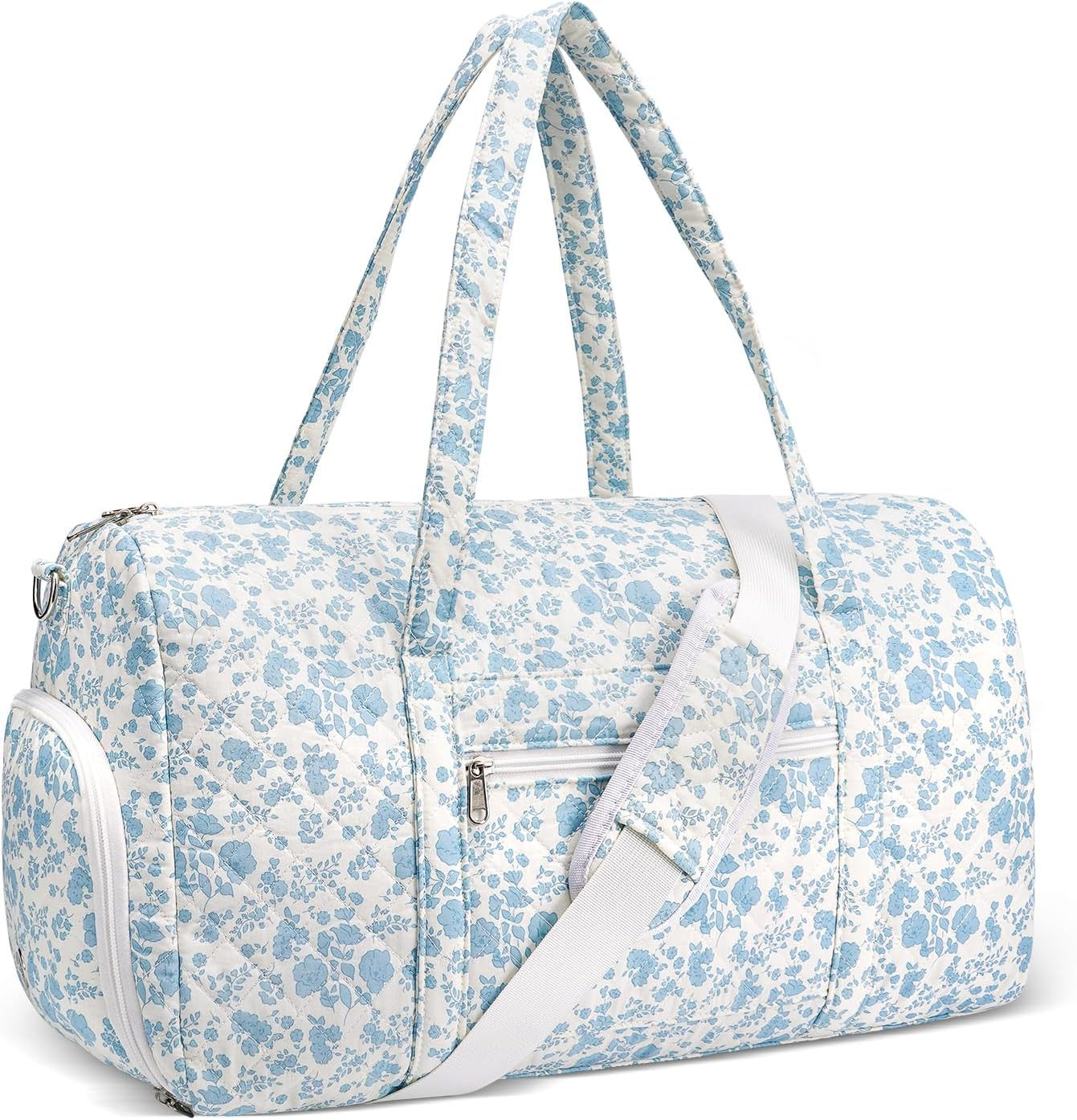 Gym Bag for Women, Cute Duffle Bag, Quilted Duffle Bag for Travel, Floral Duffle Bags, Weekend Bag with Zipper Pocket Dance Bag Organizer, Quilted-Blue Flowers, with Shoe Compartment