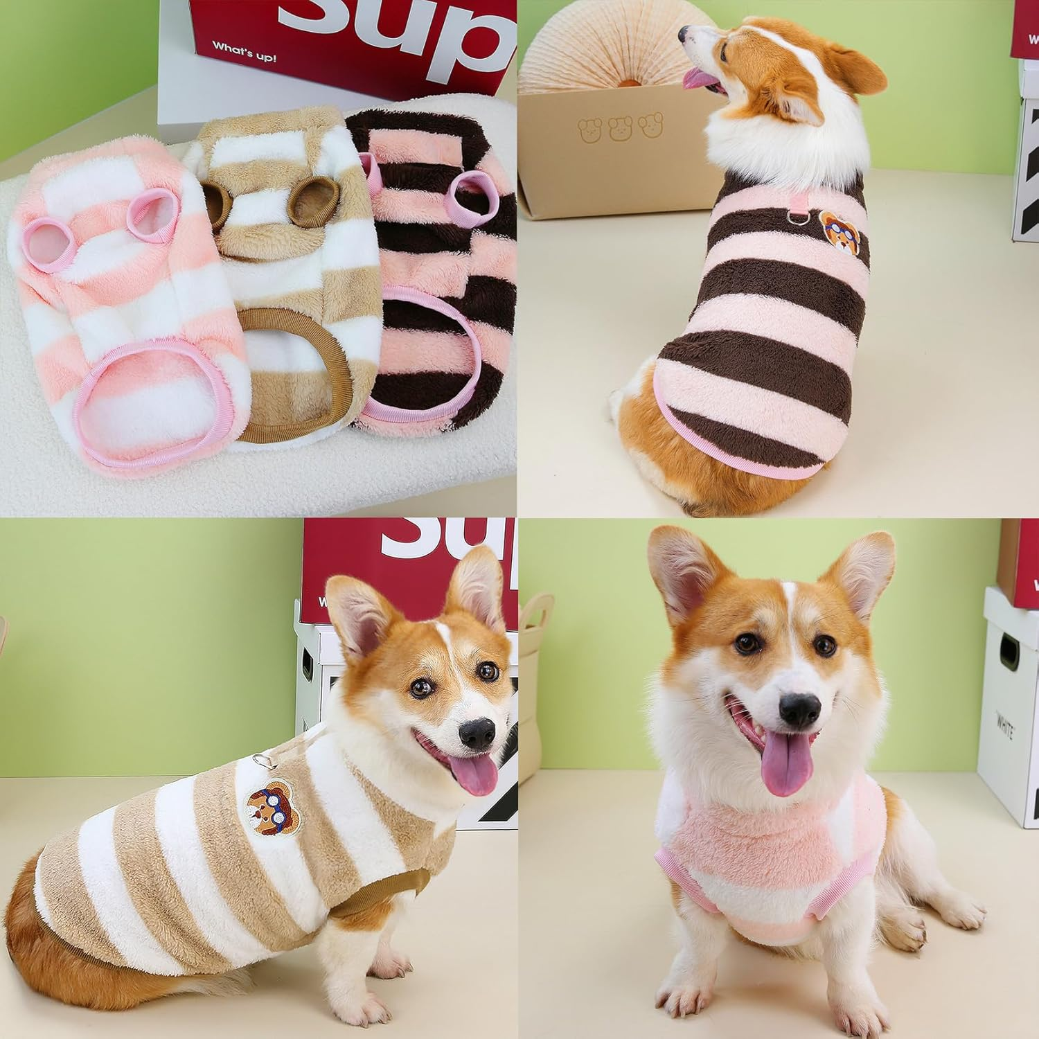 Zunea Striped Dog Sweaters Jumpers for Small Medium Dogs Corgi Warm Fleece Winter Jacket Coats with D-Ring Fuzzy Pullover Puppy Clothes Soft Warm Cold Weather Vest Pet Dachshund Apparel Pink S