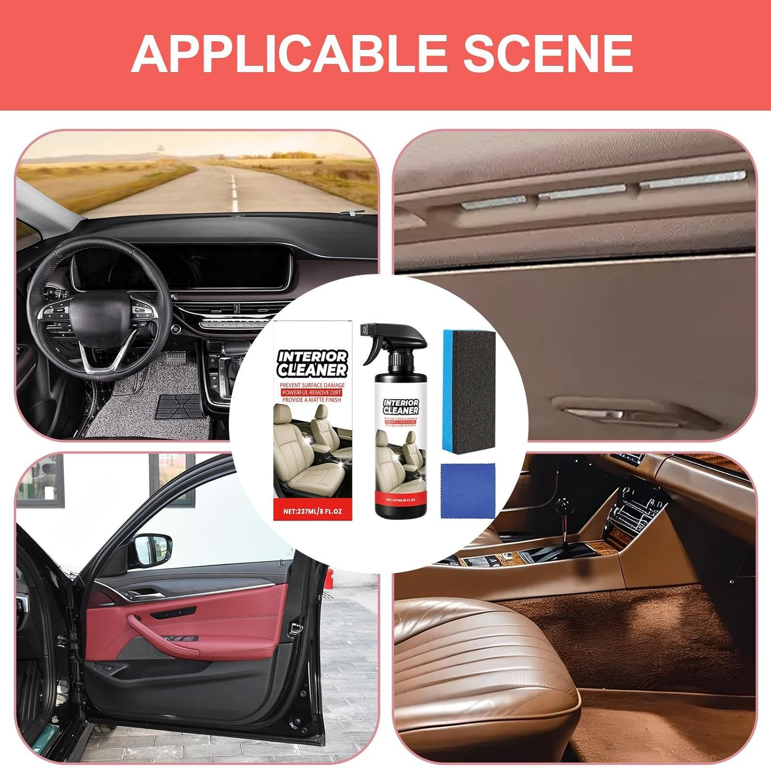 Rissunkv Leather Cleaner - Car Seat Cleaner Spray with Cloth and Sponge - 237Ml Automotive Cleaning Agent for Dashboard Trim Steering Wheel Door Central Console Detailing image number 6