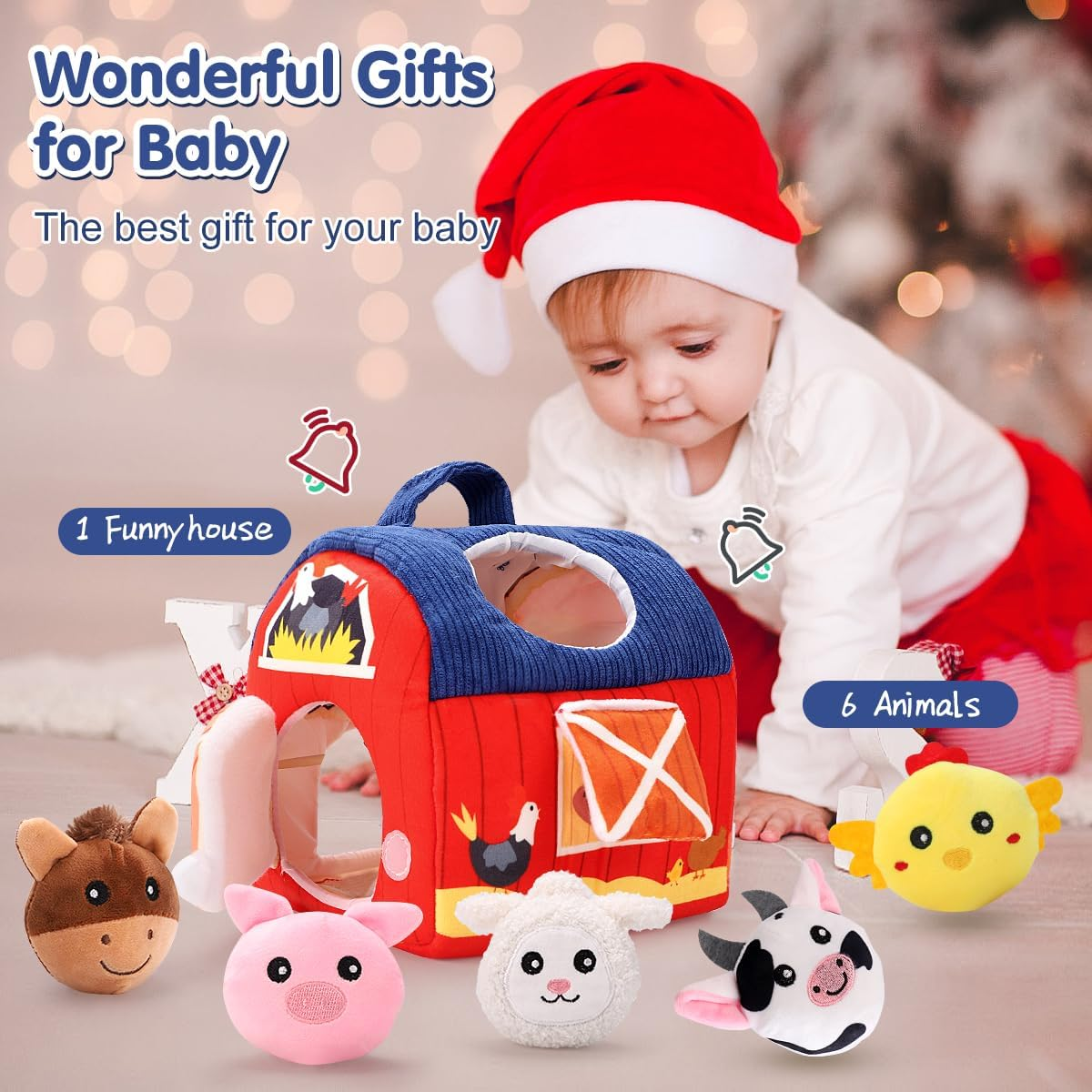 Baby Toys 6-12 Months，Montessori Toys for 6 Month Old Babies， Surprise Barn with Stuffed Farm Animals, Rattle, Crinkle Paper, Mirror，Sensory Toy for Toddlers 1-3 Boy Girl Gift Birthday