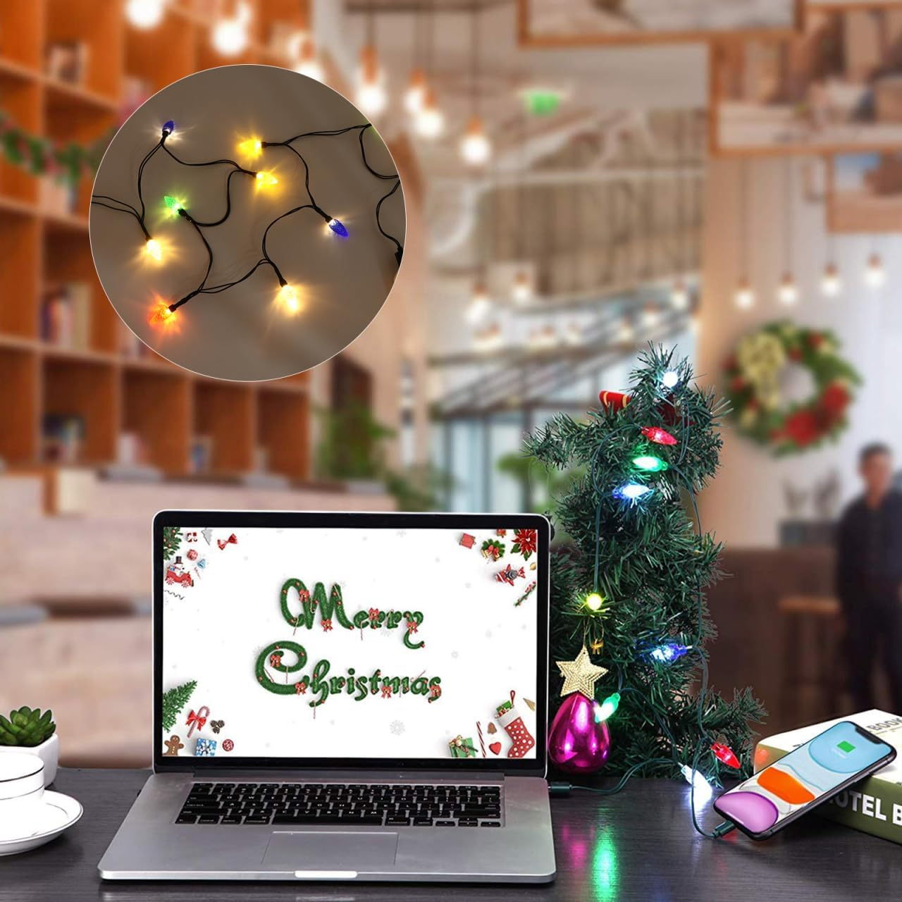 POPETPOP LED Christmas Lights Charging Cable USB Bulb Charger String Lights for Indoor Outdoor Christmas Tree Garden Wedding Party Decoration - For Android image number 3