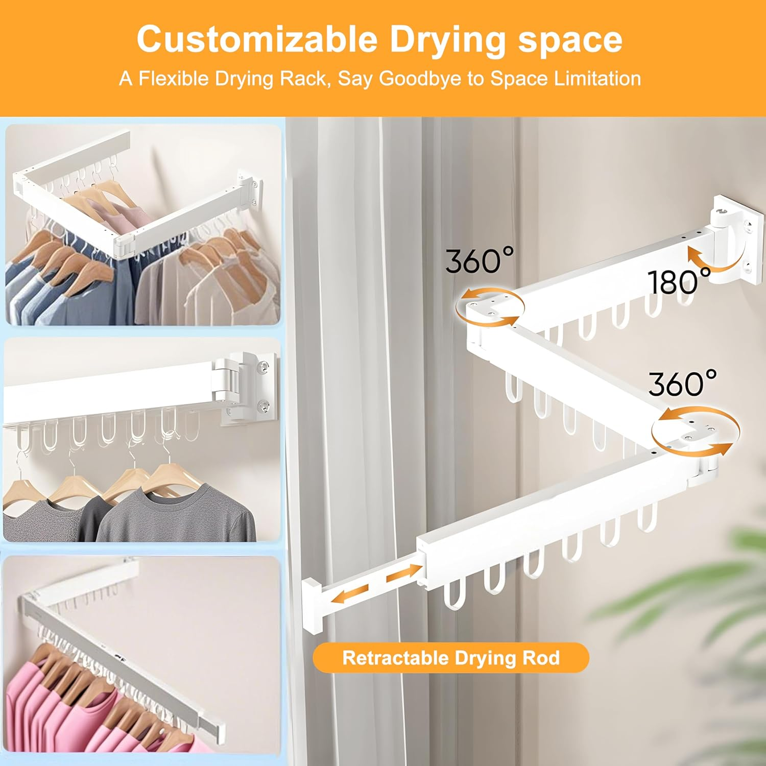 Clothes Drying Rack, Foldable Laundry Drying Rack Wall Mounted, Heavy Duty Space Saving Wall Clothing Rack, Collapsible (Tri-Fold), Retractable Rack Outdoor Indoor with Hooks, White image number 2