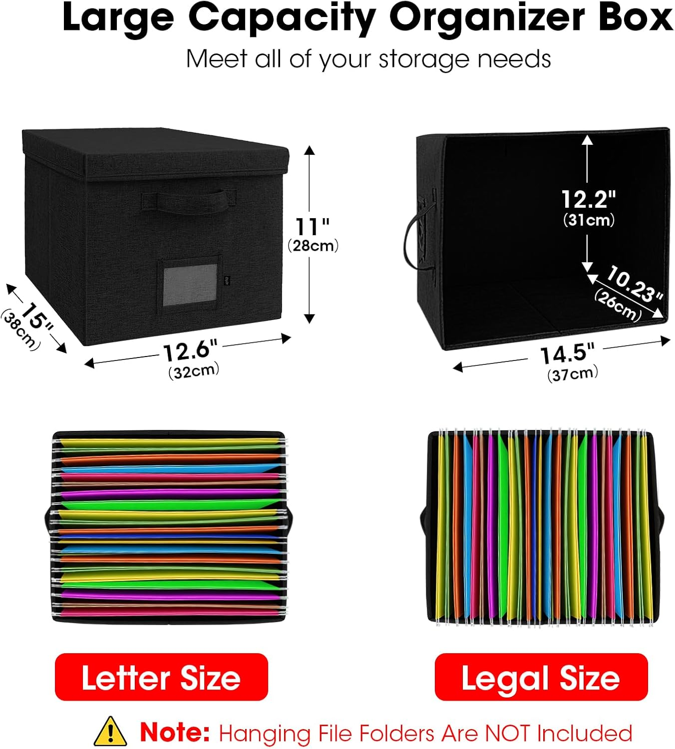 File Organizer Box with Lid, Onylin Document Storage Organizer with Handle, Collapsible Hanging Document Filling Box for Letter/Legal File Folder - 15 X 12.6 X 11 Inch (1 Pack, Black) - Grey image number 3