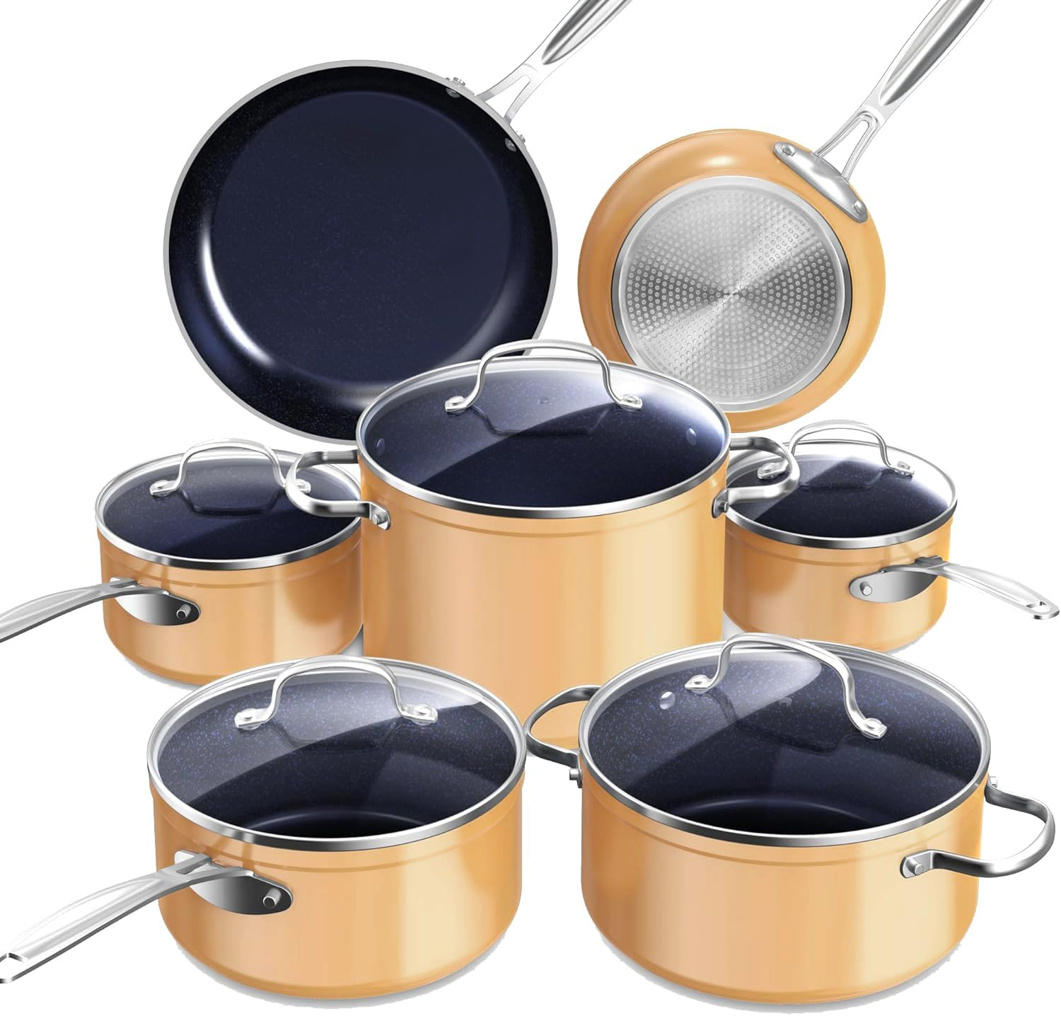 Nuwave Healthy Duralon Blue Ceramic Nonstick Coated Cookware Set, Diamond Infused Scratch-Resistant, PTFE & PFOA Free, Oven Safe, Induction Ready & Evenly Heats, Tempered Glass Lids & Stay-Cool Handle