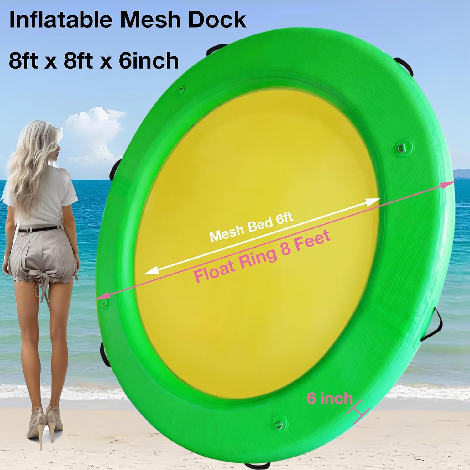 8FT Inflatable Dock round Floating Island with Mesh, Lounge Inflatable Water Hammock Pool Float Ring for Lake