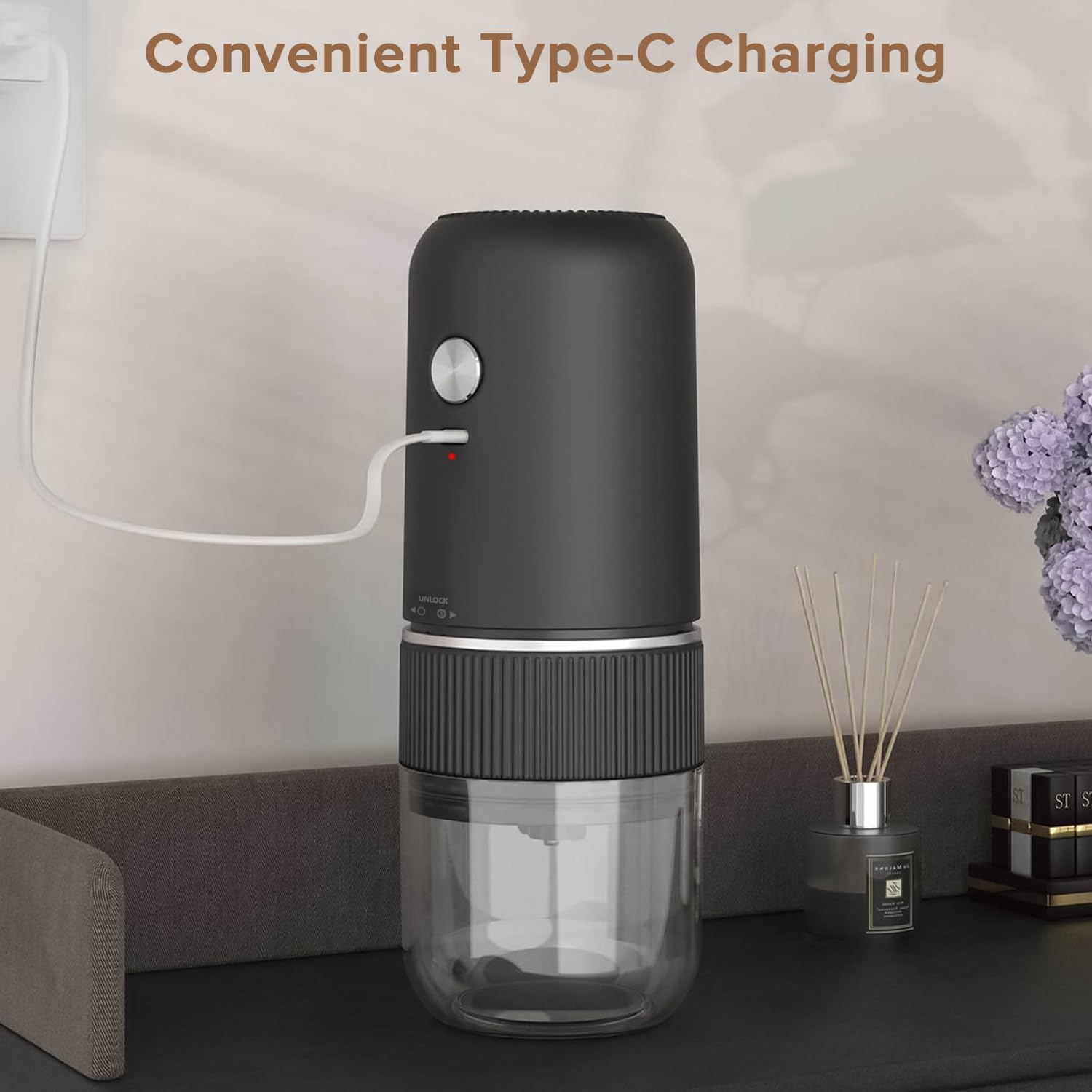 Yakiter Portable Electric Burr Coffee Grinder, Upgraded Version Rechargeable Coffee Bean Mill with Adjustable Precision Grinding, One Touch Button Push Button Operation with Brush(Black) image number 3