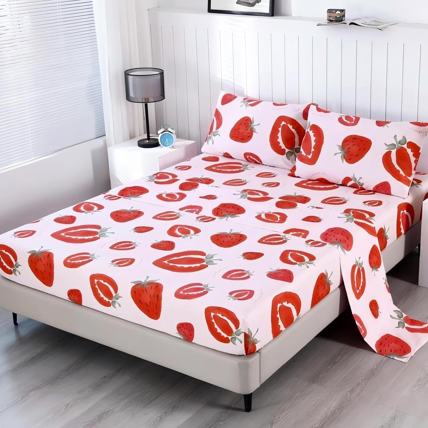 SDIII 4PCS Pink Strawberry Sheets Set Twin, Soft Microfiber Strawberry Sheets Twin Size, Cute Fruit Bedding Sheet Set for Girls Boys Kids and Teens