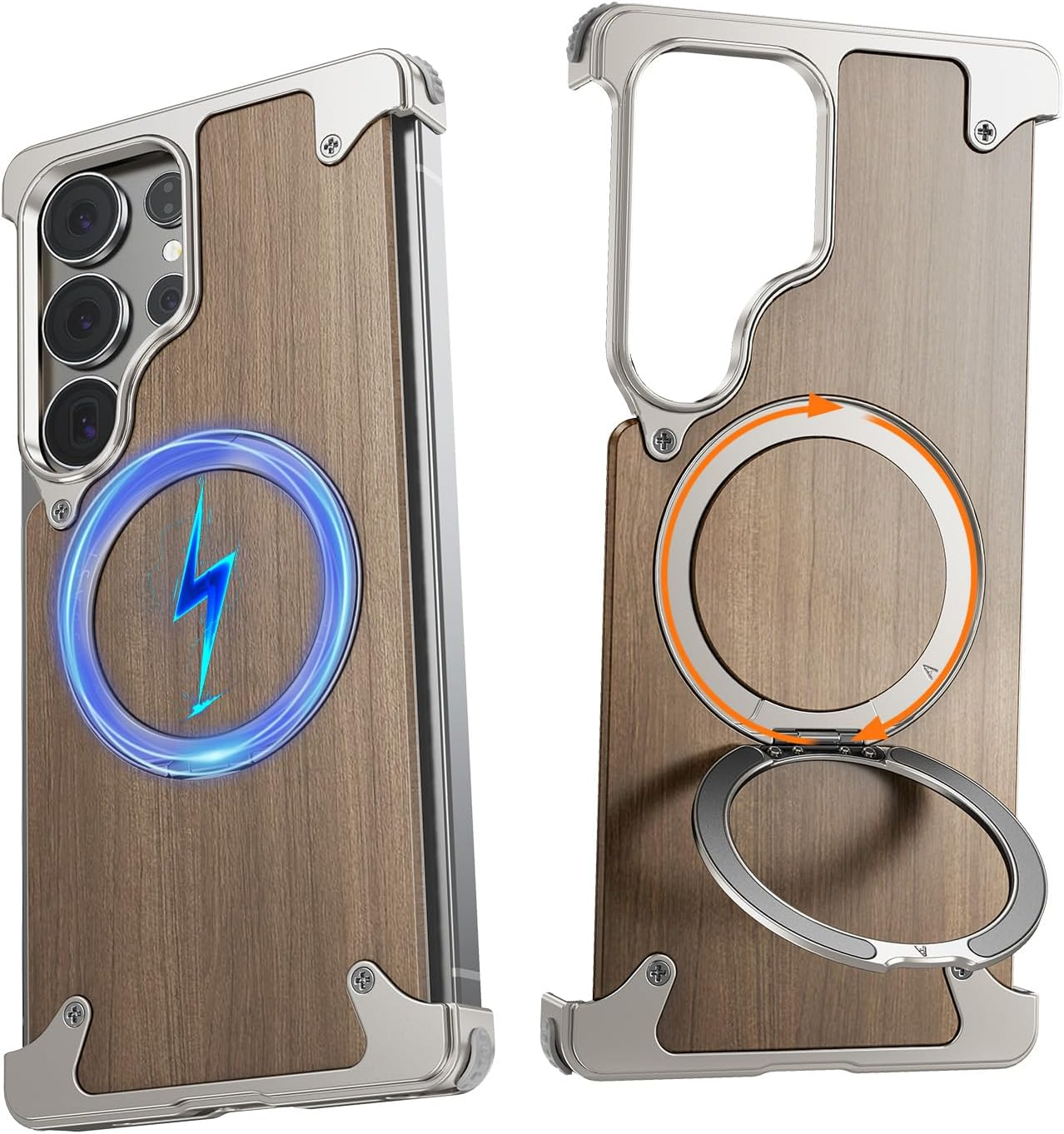 NIFBANG Wooden Case for Samsung Galaxy S25 Ultra with Magsafe, 360&deg; Rotatable Magnetic Stand, Wooden Phone Case, Frameless Thin Anti-Scratch Shockproof Mobile Phone Case for S 25 Ultra Protective Case