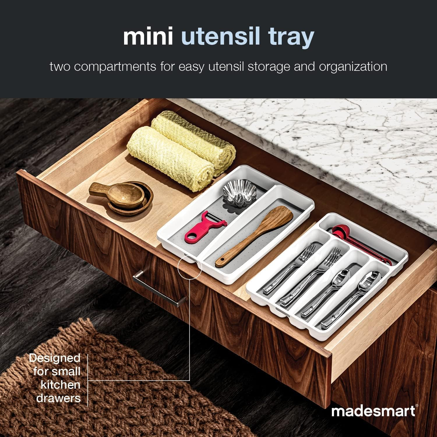 Madesmart Premium Antimicrobial Classic Mini Utensil Tray, Soft Grip, Non-Slip Kitchen Drawer Organizer, 2 Compartments, Multi-Purpose Home Organization, EPA Certified, White image number 6
