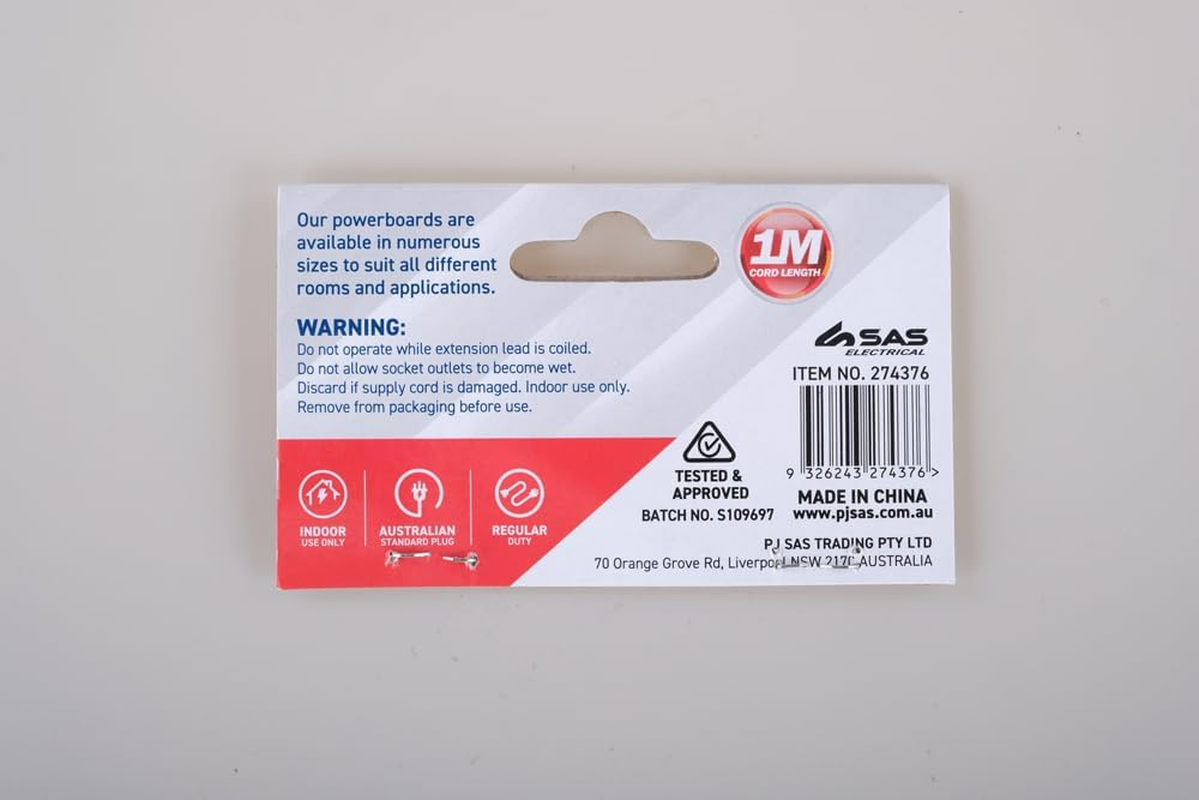 SAS Electrical 240V 10Amp 4 Outlets Power Board with Surge Protection, Black, 1 Meter image number 1