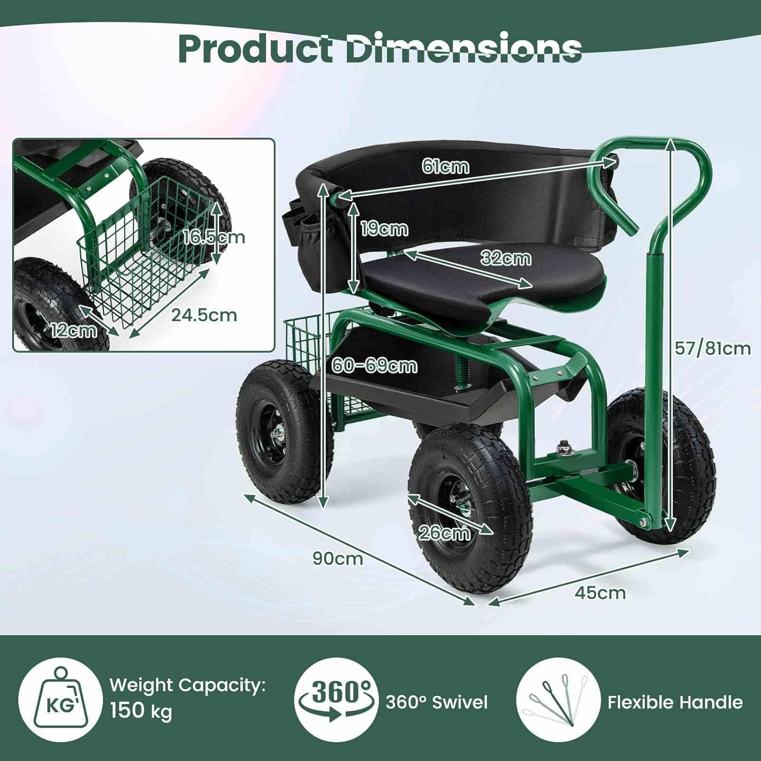 Costway Rolling Garden Cart Scooter, Outdoor Heavy-Duty Gardening Cart W/ 26Cm Tires, Swivel Seat, Extendable Handle, Yard Steerable Tool Cart Scooter W/Tray, Storage Basket, Tool Pouch, Seat Cushion image number 1