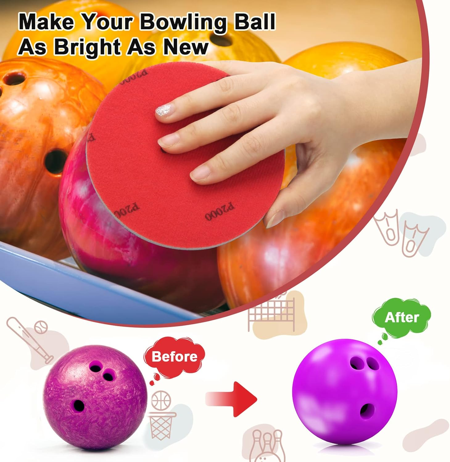 Windspeed 6+1 Pack Bowling Ball Sanding Pads with Bowling Towels, Bowling Ball Cleaning Pad 500/1000/2000 Bowling Ball Grit Pads image number 5