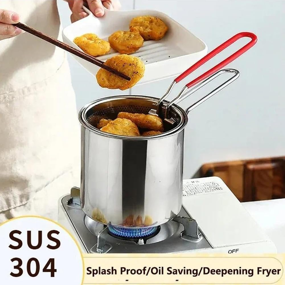 304 Stainless Steel Deep Fryer Pot with Basket, Stove Top Deep Fryer with Easy Grip Handle and Lid, Food Tong, Large Capacity Oil Strainer Pot for Frying Fish Shrimp Fries Chicken image number 1