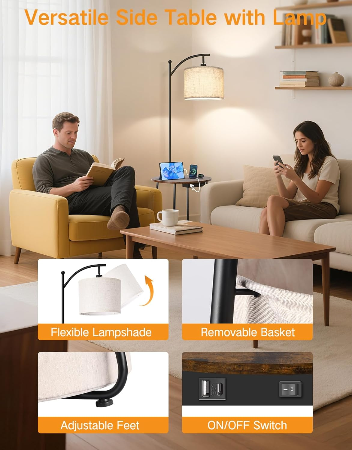 OUTON Floor Lamp with Table, Shelf Floor Lamp with Charging Station, 3 Color Temperatures 12W LED Bulb, Standing Lamp with Fabric Basket for Bedroom Living Room Office, Rustic Brown