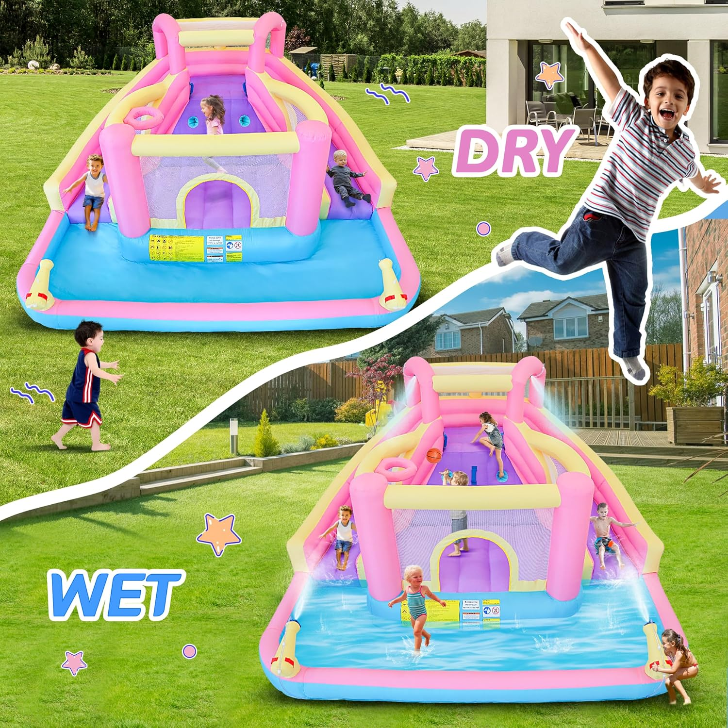 Inflatable Water Park with 2 Blow up Water Slides, 370 X 314 X 185 Cm Kids Water Park with Basketball Rim, Climbing Wall, Splash Pool, 2 Water Cannons and Blower image number 4