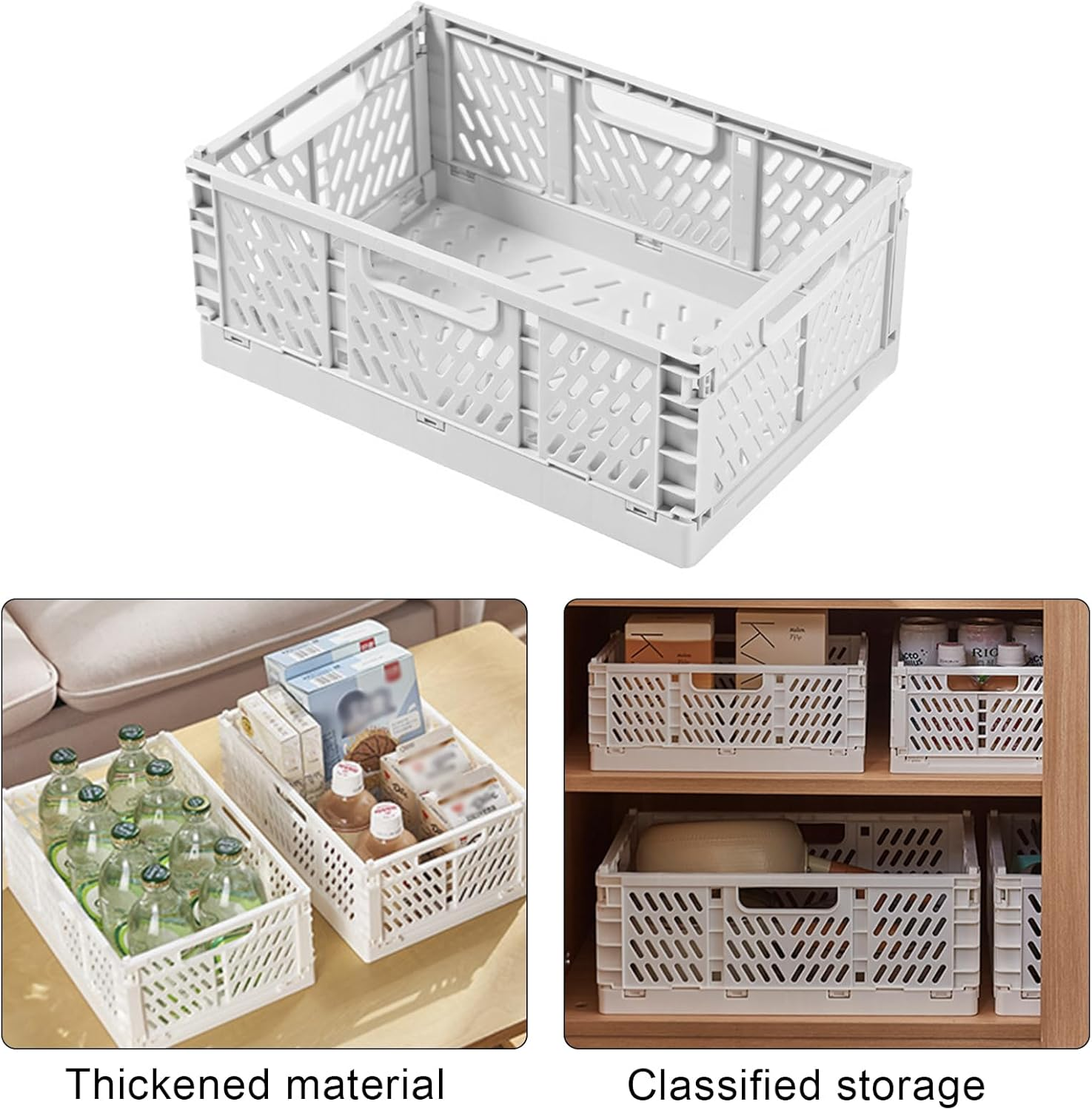 Wesoke Foldable Plastic Storage Basket, Small Collapsible Crates for Organizing, Medium Stackable Folding Organizer Bins for Desk Organization for Home Kitchen Bedroom Bathroom Office, White image number 1