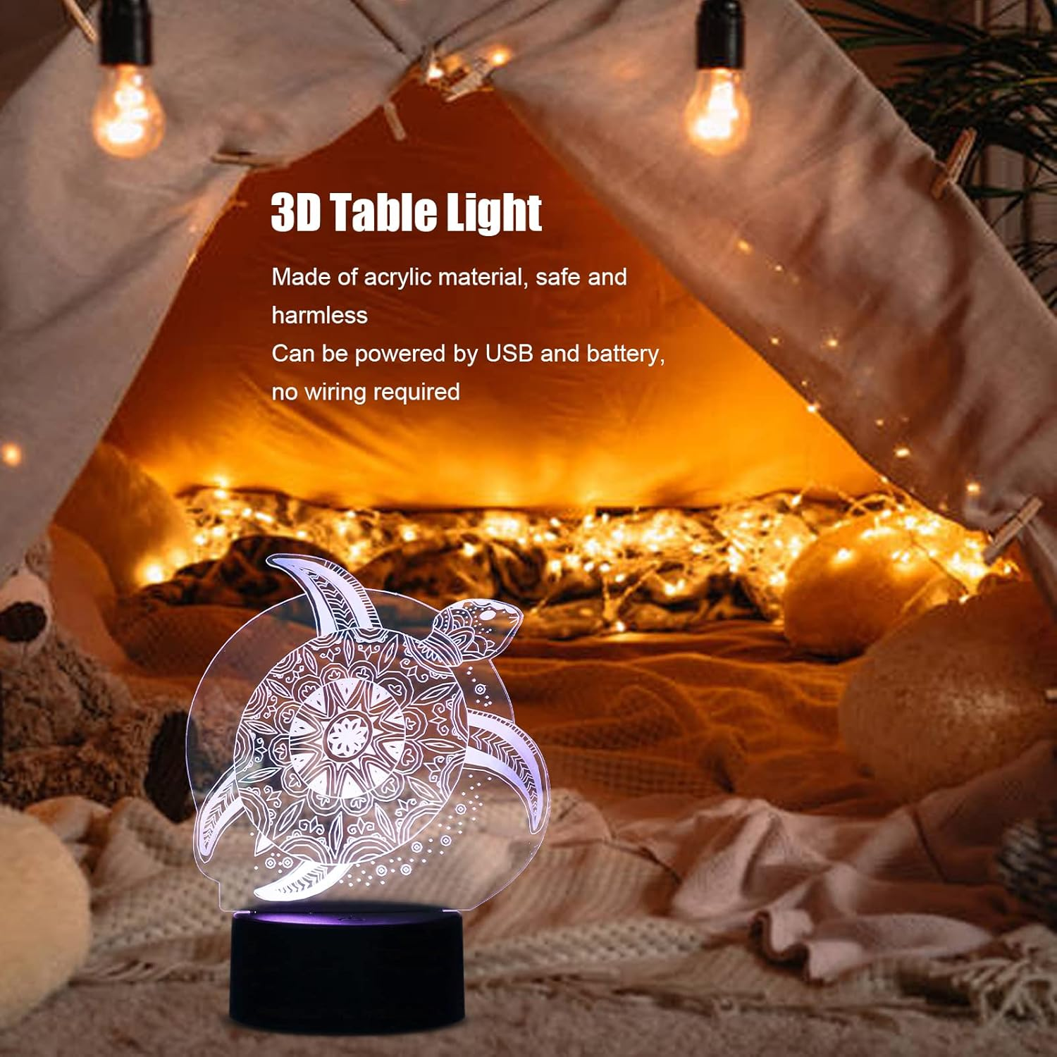 Sea Turtles 3D Light 7 Color Touch Changing LED Night Light Acrylic USB Powered beside Lamp for Kids Birthday Christmas Gifts image number 6