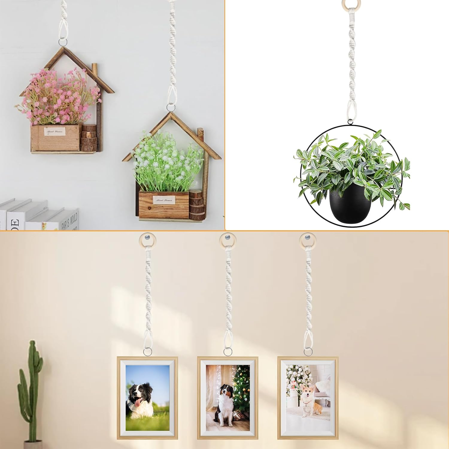 3 Pack Adjustable Macrame Plant Hanger Extenders Connectable Rope Hanging Plant Extender Handmade Woven Hanging Basket Extension with Wooden Ring for Indoor Outdoor Plant Pot Holder (Style 1, 3) image number 3