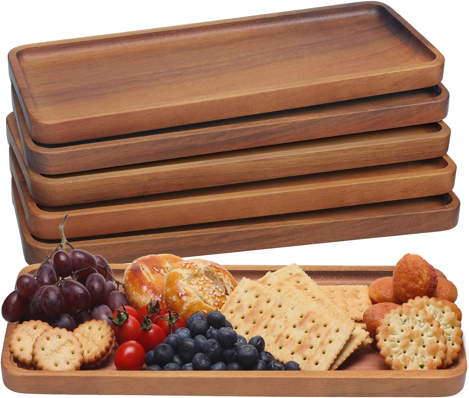 Solid Acacia Wood Serving Tray - 6 Pack, 14" X 5.5" Rectangular Wooden Serving Platter, Wood Boards for Food, Mini Cheese Board for Vegetable, Charcuterie, Appetizer, Decor by HOMKULA image number 2
