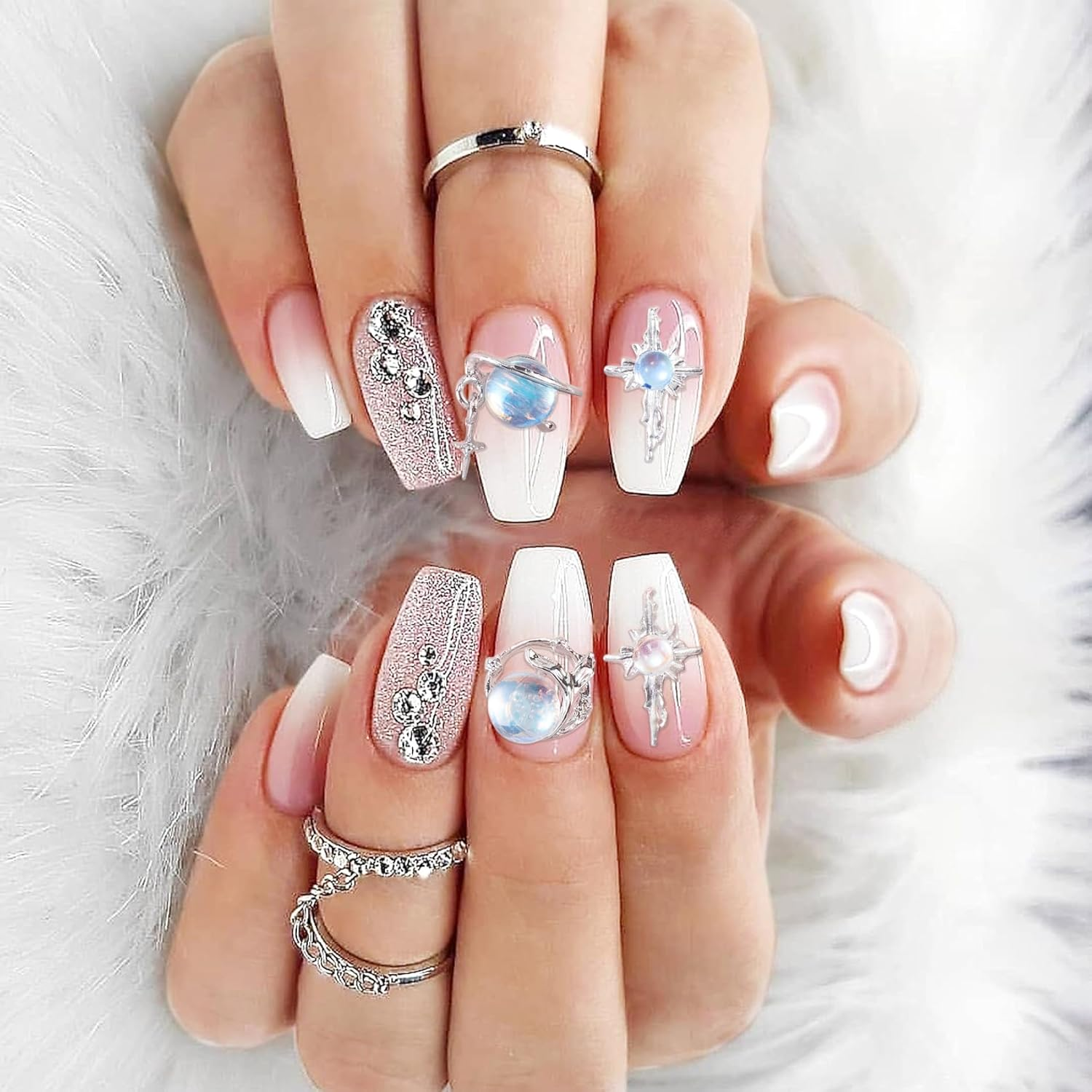 30Pcs 3D Planet Nail Charm Mermaid Eye Charm for Acrylic Nails Sliver Blue Alloy Cross Rhinestones Valentines Wedding Y2K Jewels Gems for Phone Cases Hair Clips image number 4