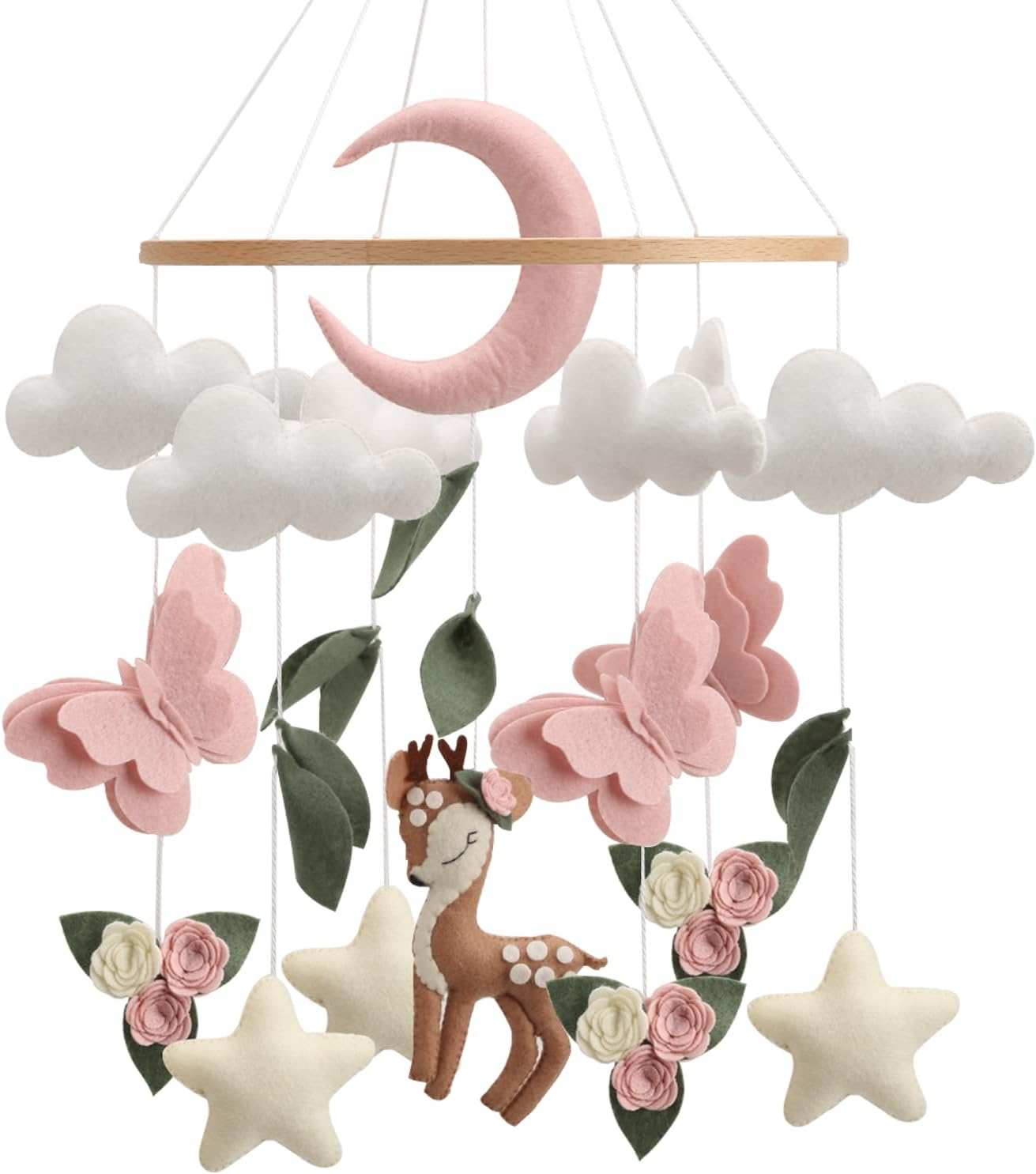 Deer Butterfly Baby Mobile for Crib, Woodland Crib Mobile for Bassinet, Pink Baby Girls Nursery Mobile image number 2