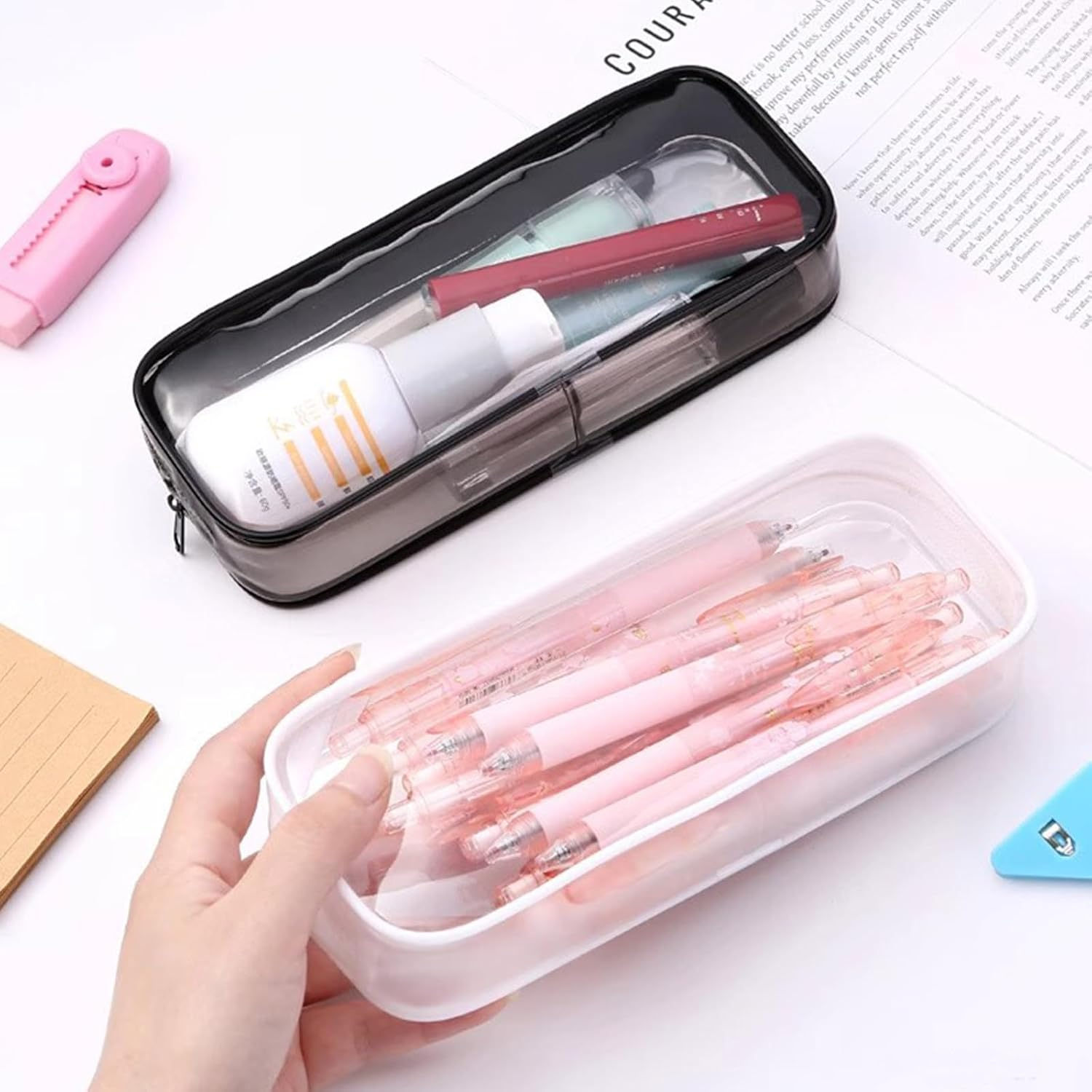 Juxiamal 2Pcs Clear Cases with Zipper, Multi-Use Travel Makeup Brush Bags Toiletries Exam Pouch Case Travel Luggage Make up Cosmetic Bag (Black and White), Black and White image number 2