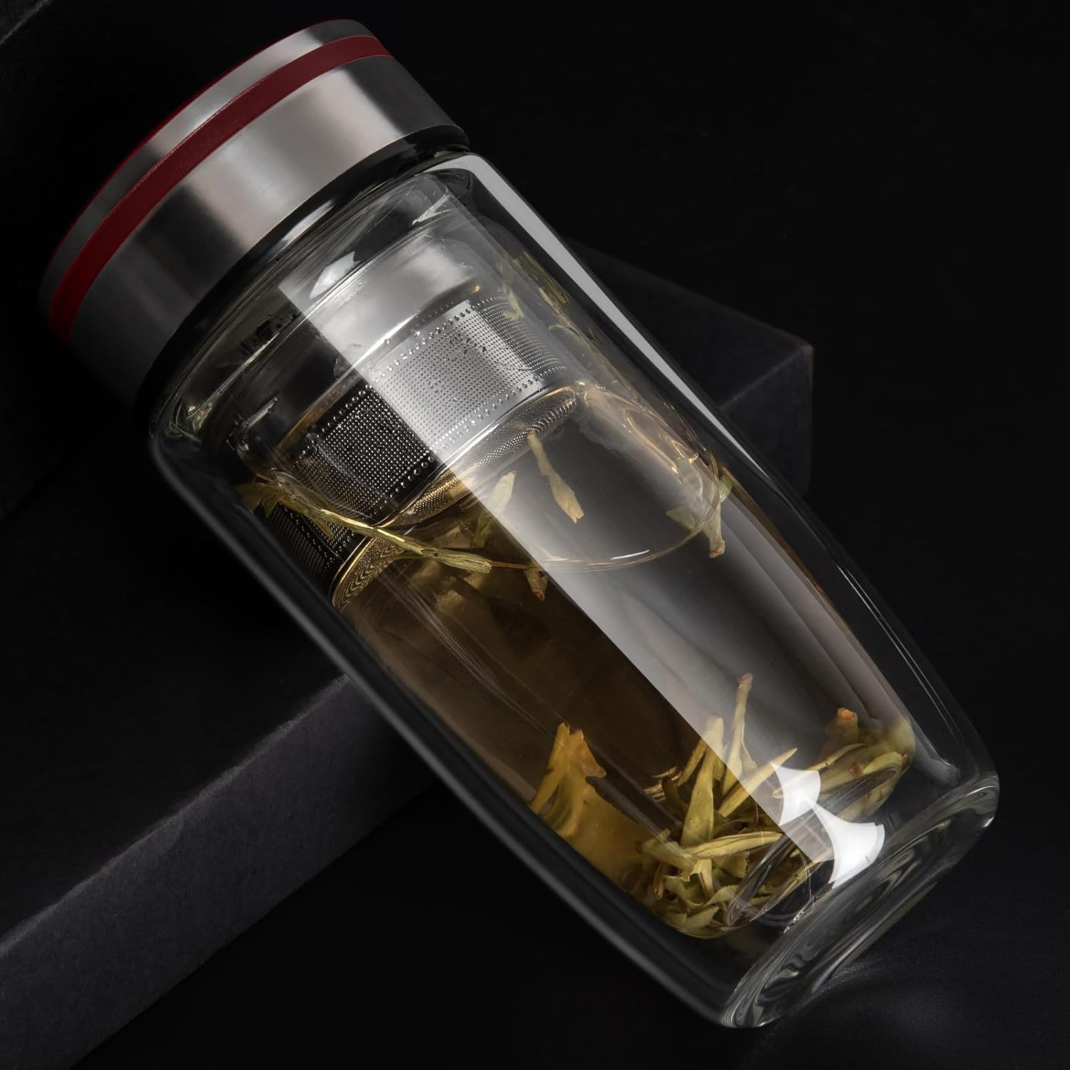 13Oz Double Wall Glass Water Bottle with Tea Infuser, Tea Tumbler with Strainer,Reusable Travel Mug with Neoprene and Stainless Steel Lid - Blue image number 3