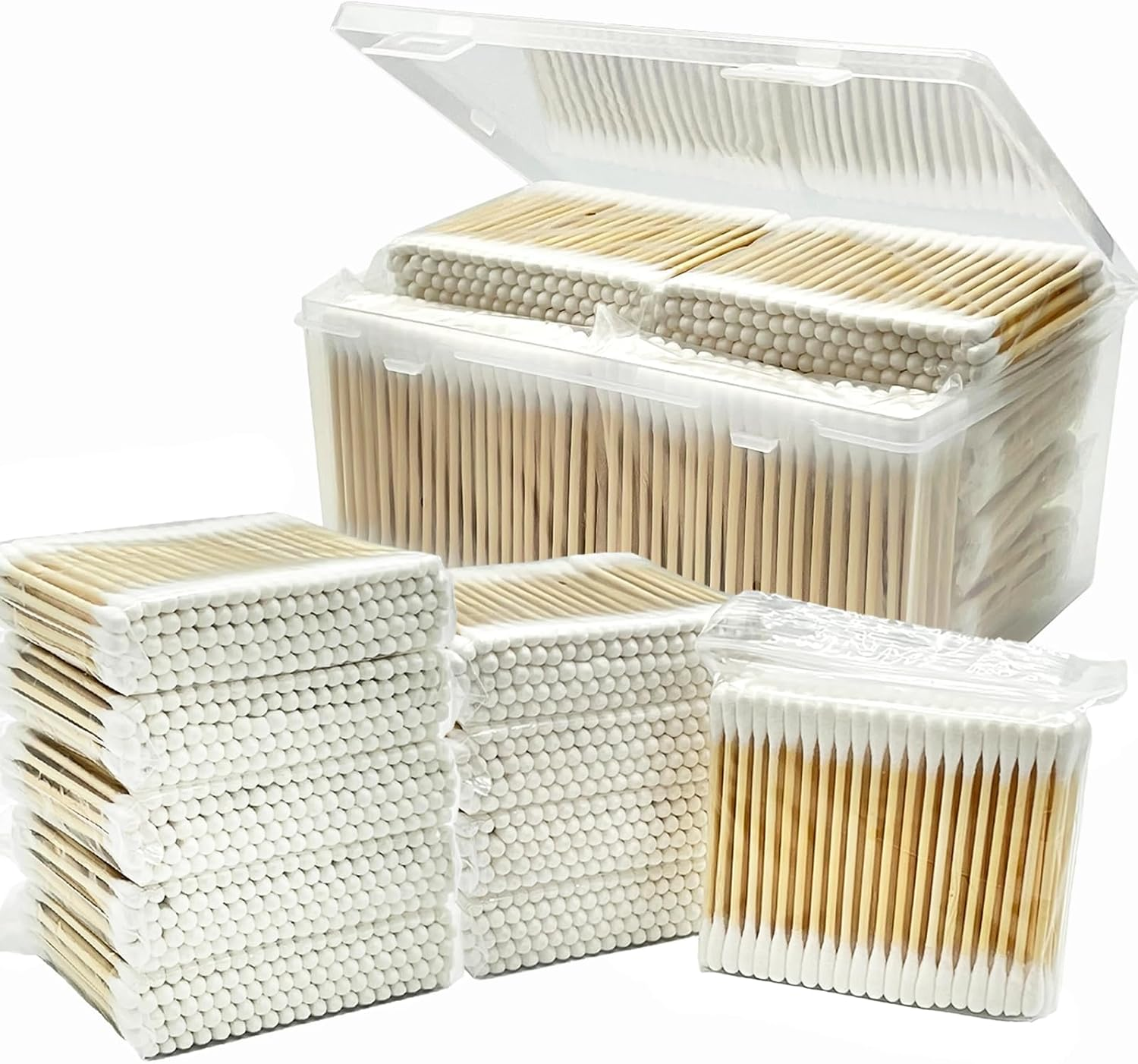 1000-Pack Bamboo Cotton Swabs Bulk (5X100 round + 5X100 Pointed Tips) - Biodegradable Double Ended Swabs for Gun Cleaning, Pet Ear Care, Makeup & Electronics - Hypoallergenic & Lint-Free