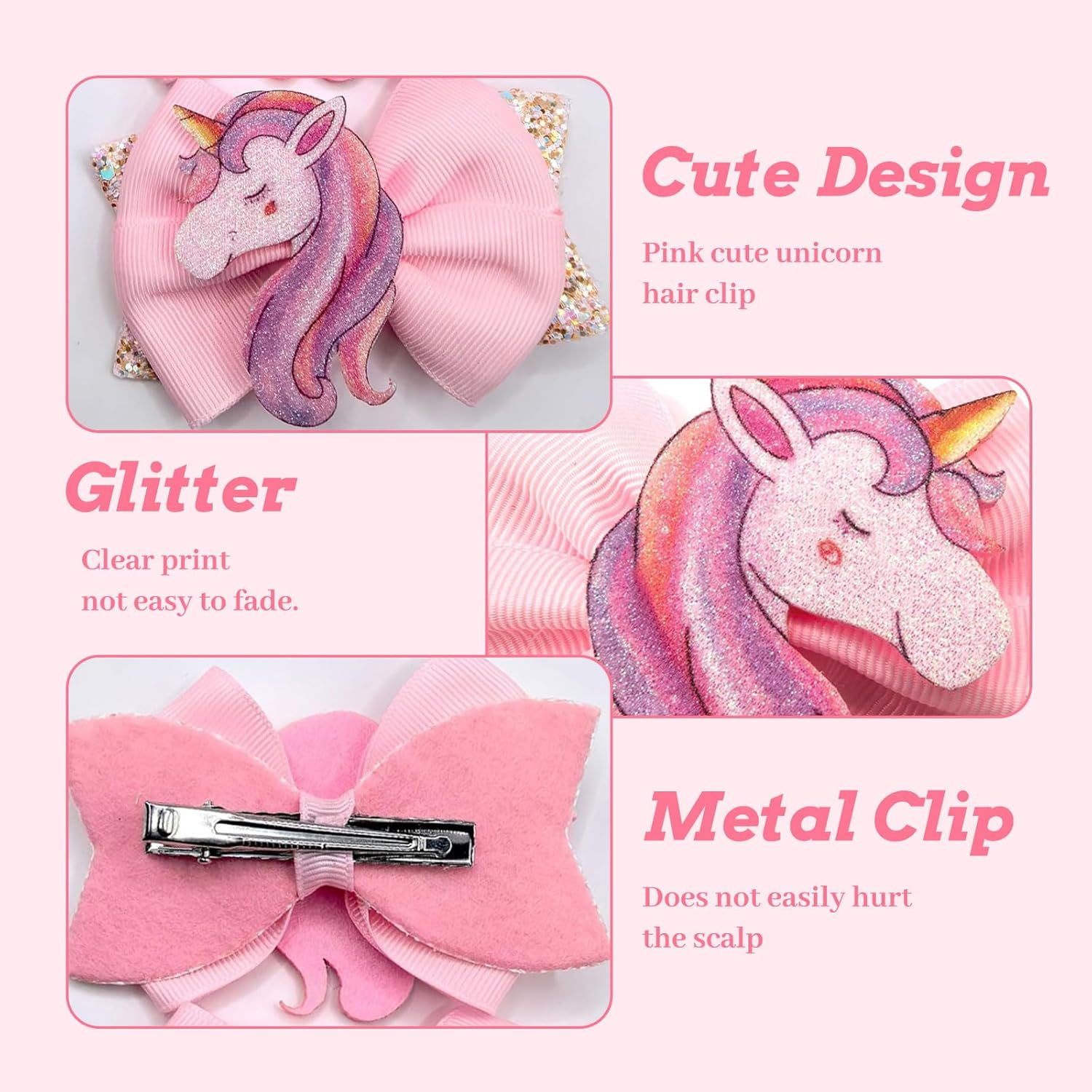 Celblisora Glitter Unicorn Hair Bows for Girls - 2 Pieces Glitter Pink Unicorn Bows, Cute Alligator Hair Clips, Hair Accessories for Toddlers, Birthday Gift