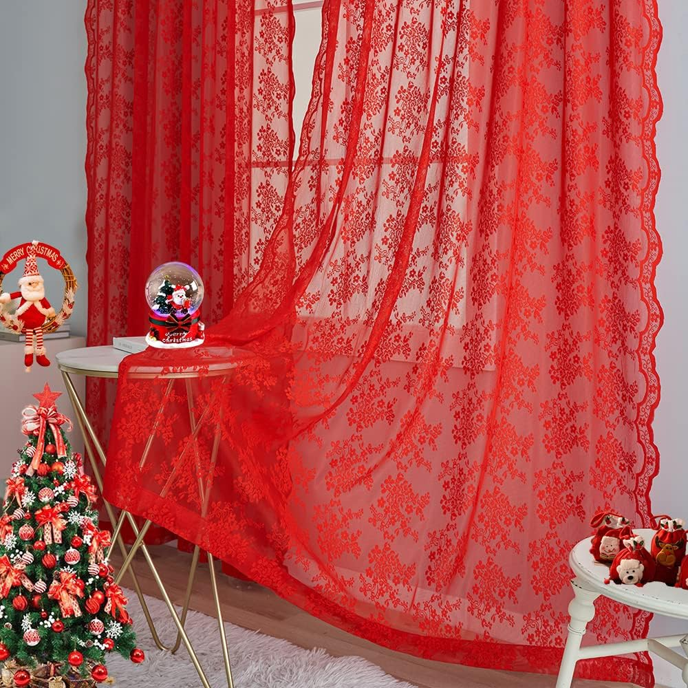 YJ Yanjun Red Sheer Curtains 96 Inches Long for Living Room 2 Panels Set, Beautiful Flower Christmas Lace Curtains Xmas Valentine'S Decor Window, 52 X 96 Inches,Red