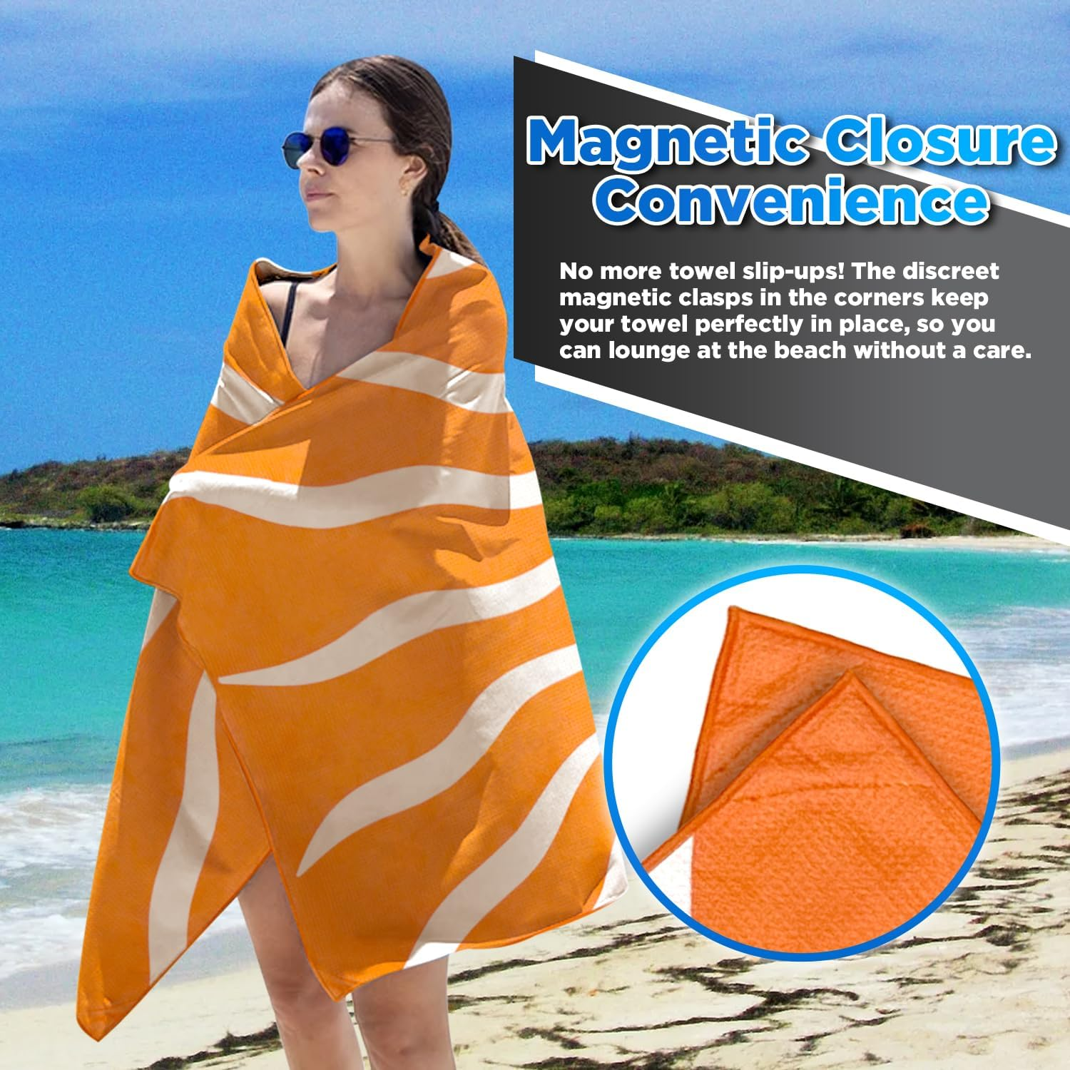 Outdoor Magnetic Bath Towel &ndash; Quick Dry Sandproof Microfibre Beach Towel with Magnetic Closure &ndash; Lightweight, Compact & Sand Free &ndash; Fast Drying Swim, Pool, Travel, Camping & Sports Towel (Blue)