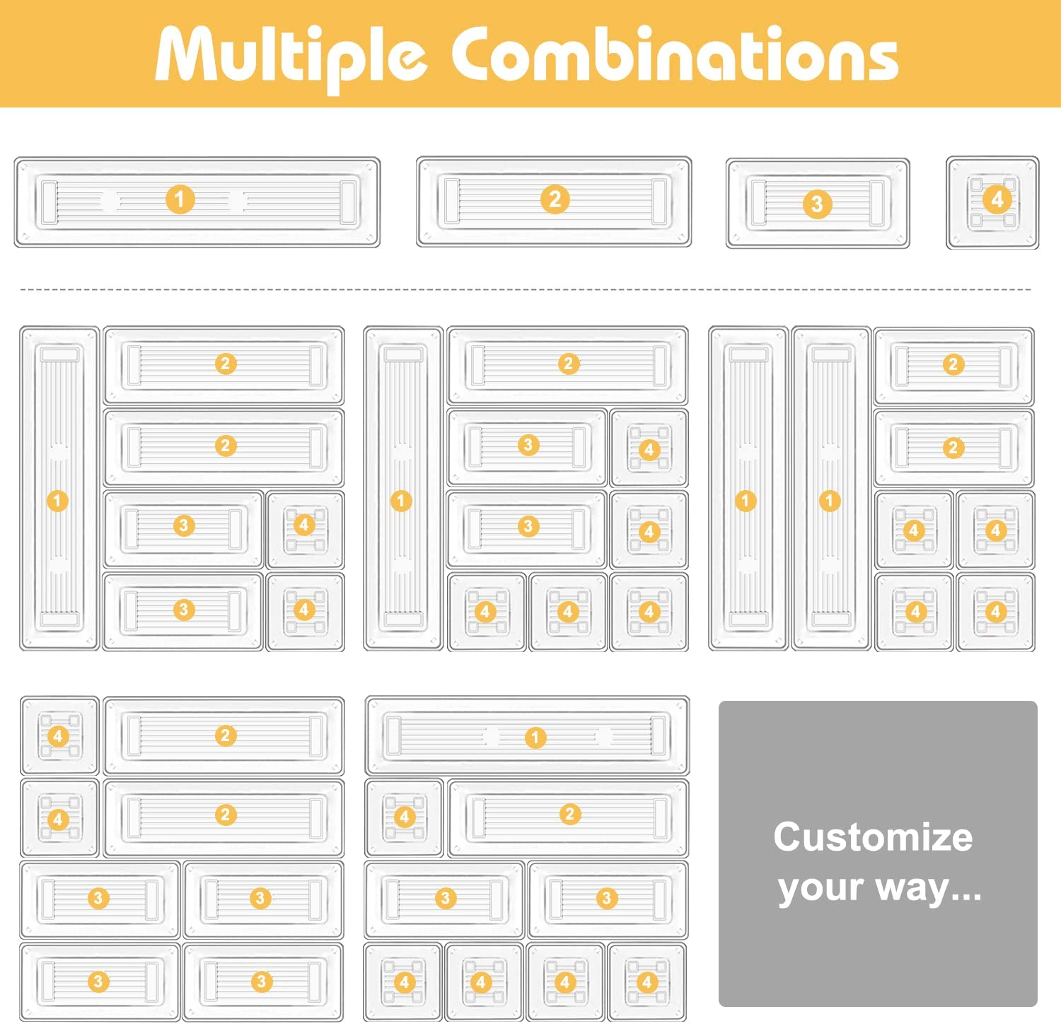 QUIENKITCH 16PCS Drawer Organiser Tray Set 4 Different Size Clear Plastic Desk Drawer Dividers Storage Bins for Makeup, Kitchen Utensils, Jewelries, and Gadgets &hellip; image number 1