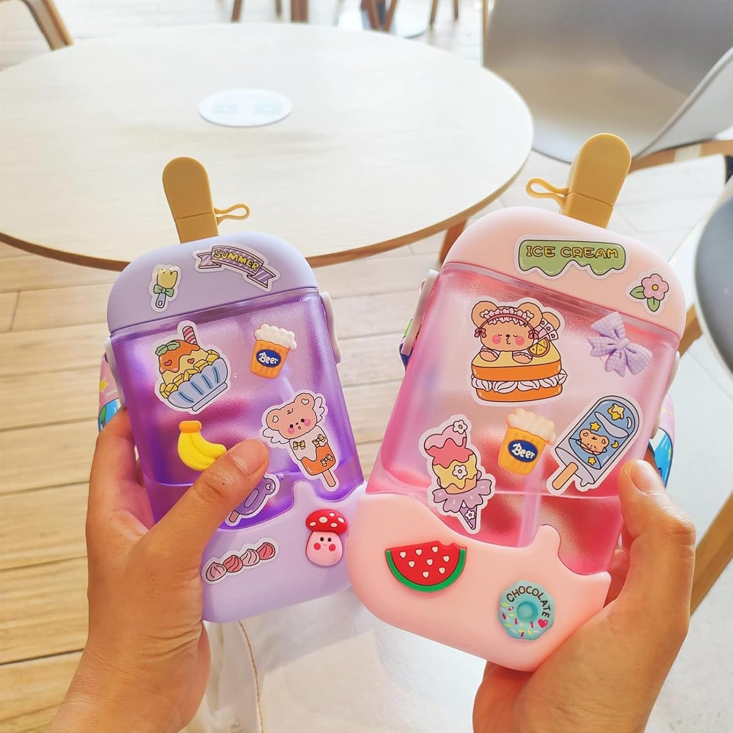 Kawaii Water Bottle Cute Ice Cream Water Bottles with Straw, Kawaii Popsicle Water Bottle with Adjustable Shoulder Strap and Stickers, Popsicle Cup for School Girls and Boys, Bpa-Free 400Ml (Pink) - Blue image number 4