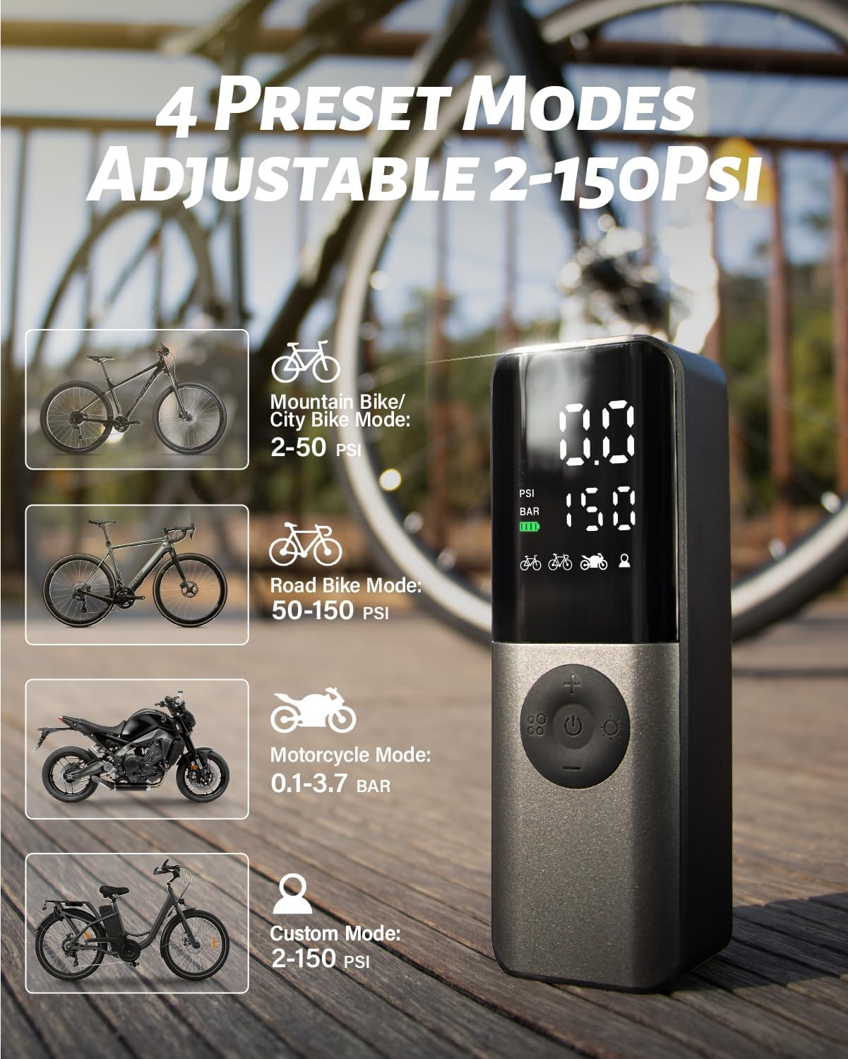 Electric Air Pump: 150Psi Portable Bicycle Tire Inflator with Digital Pressure Gauge for Road, Mountain, E-Bike, Motorcycle - Presta, Schrader, Dunlop Valve Accessories image number 6