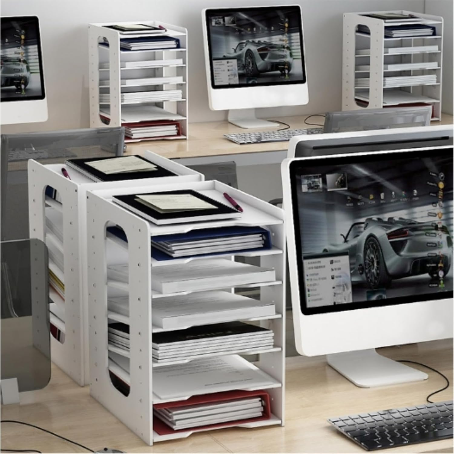 Desk Organizer with 7 Layers Multifunctional Document Organizer Large Capacity Office Supplies Home Decoration for Office and Home (White)