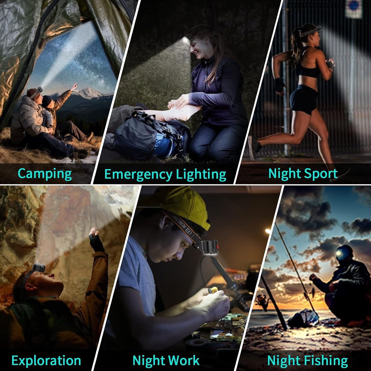 DAWINSIE LED Rechargeable USB Headlamp, 7 LED + 16 SMD Head Torch, 4 Modes, Waterproof, Perfect for Work, Outdoor, Camping, Hiking, Fishing