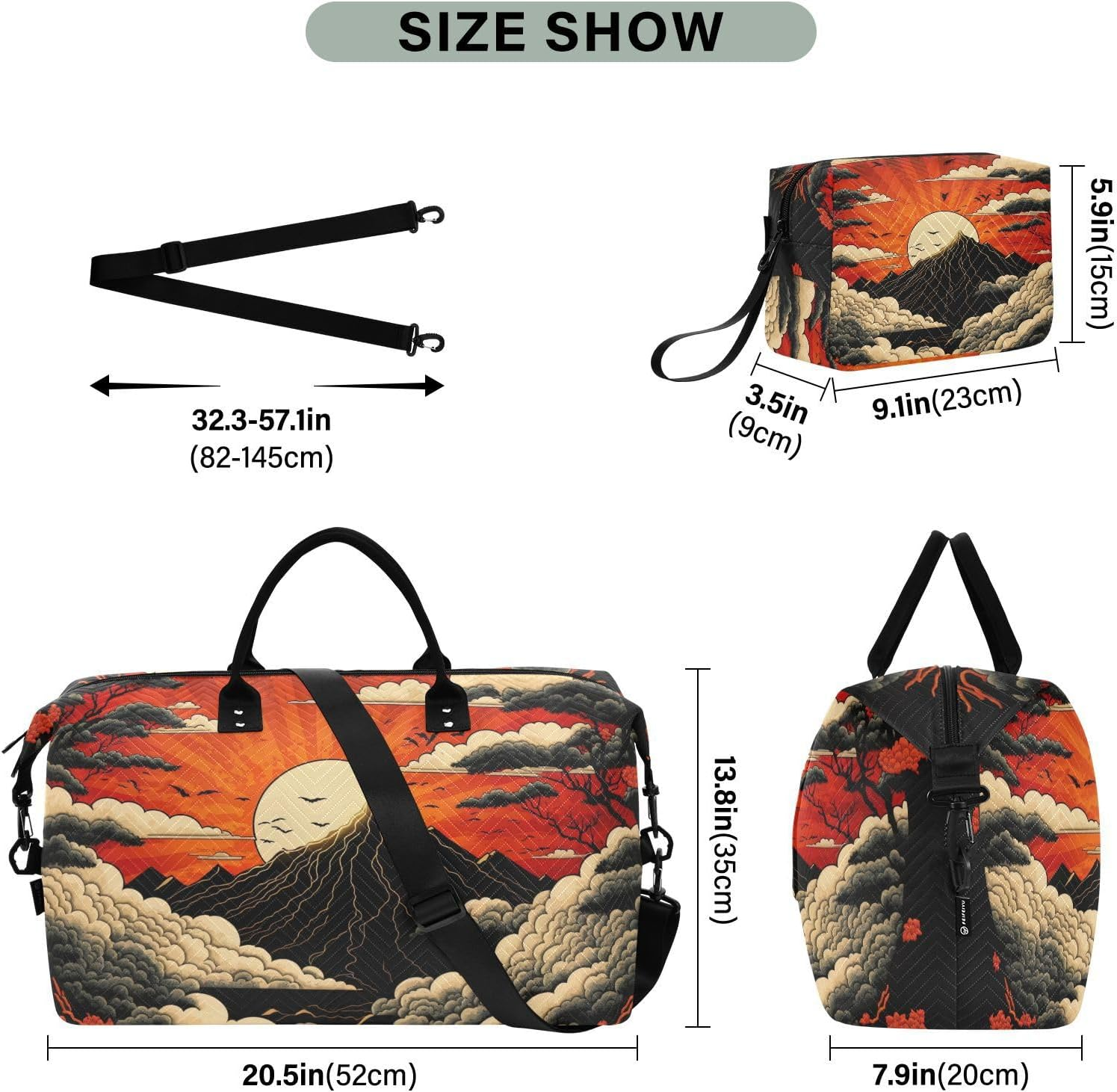 Duffel Bag Set with Toiletry Bag for Travel Gym Sport, Luggage Sleeve Weekender Bags Carry on Overnight Bag-Traditional Japanese Painting Print, Multicolored, 20.5 X 7.9 X 13.8 Inches+9.1 X 3.5 image number 3
