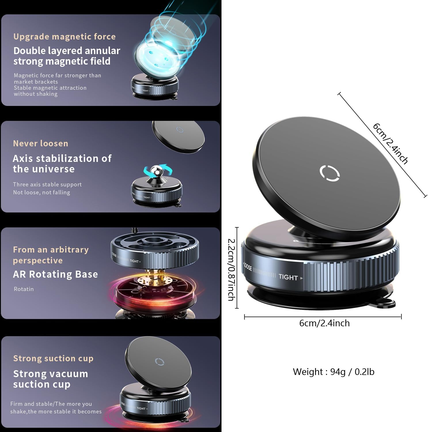 Danyee Swivel Locking Mechanical Vacuum Magnetic Car Suction Phone Holder, 360&deg; Adjustable Magnetic Suction Cup Phone Mount for Mirror/Wall/Gym, Compatible with Iphone & Android (Black) image number 6