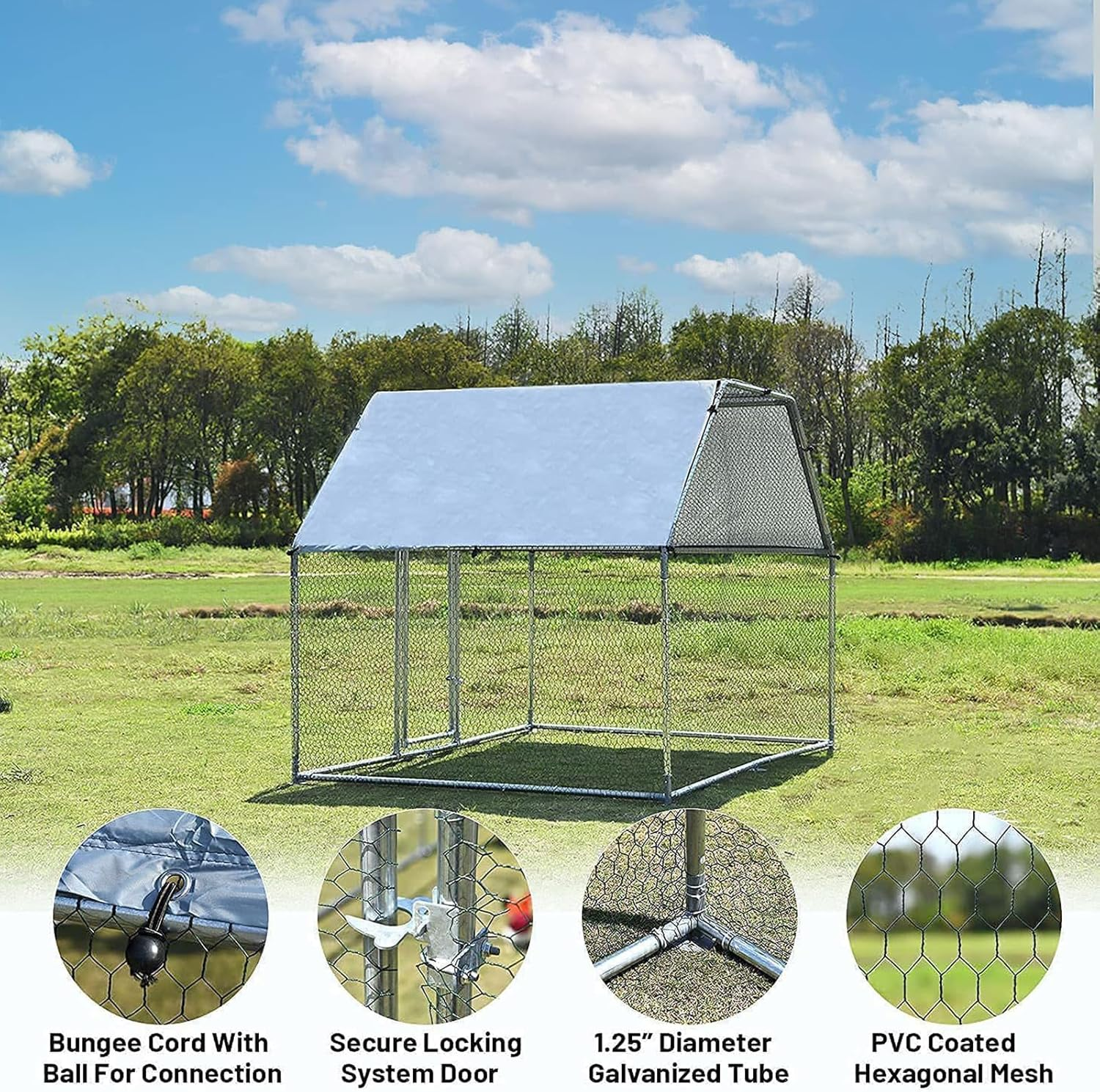 Chicken Coop Large Rabbit Hutch Pet Cage, 2X4X2M, Walk in Poultry House Coops Hen Run Ferret Habitat Farm Enclosure, Galvanised Steel with Roof Cloth image number 6