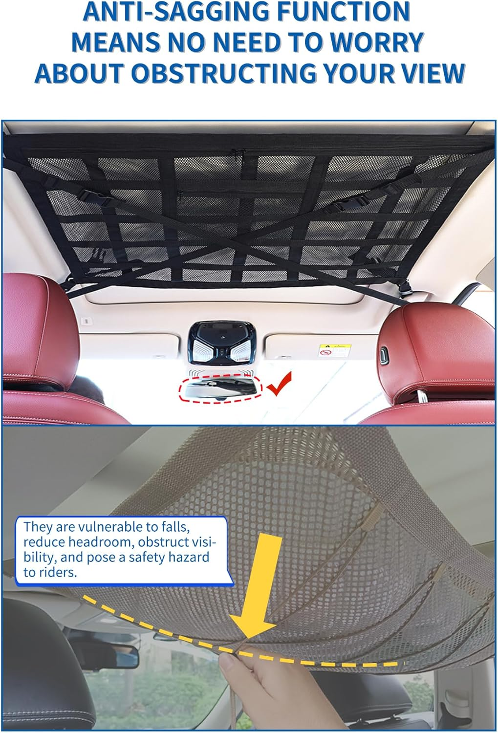 ZAOZAOLLND Car Ceiling Cargo Net Pocket, Three Sizes: 90 * 65CM Strengthen Load-Bearing and Droop Less Mesh Organizer, Long Travel Road Trip,Item Storage (Black, 90 * 65Cm) image number 3