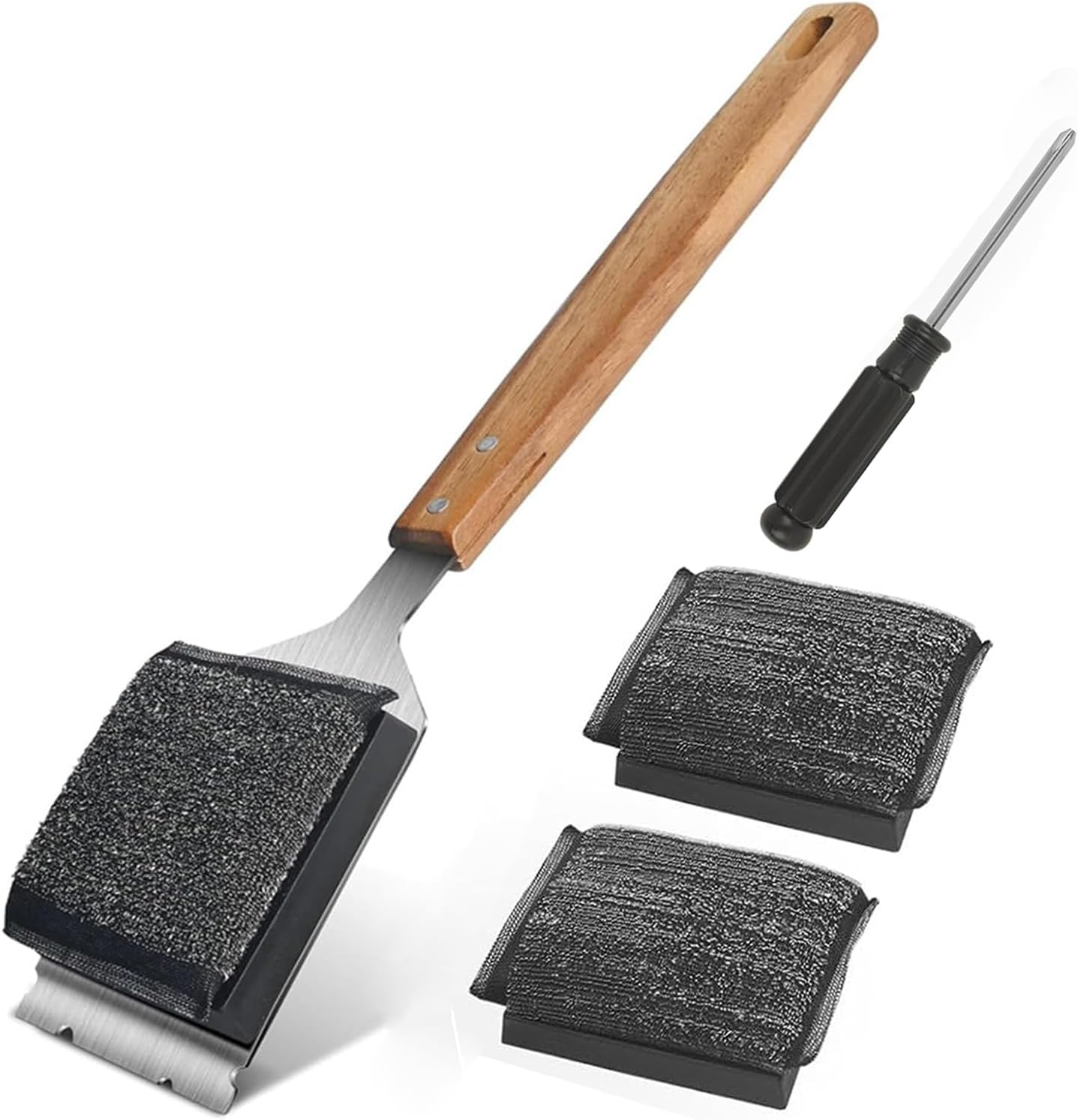Grill Brush BBQ Cleaner Brush - Barbecue Brush for Outdoor Grill with 2 PCS Replacement Cleaning Head, Grill Cleaning Brush Bristle Free with Stainless Steel Scraper & Wooden Handle for Most Grate image number 5