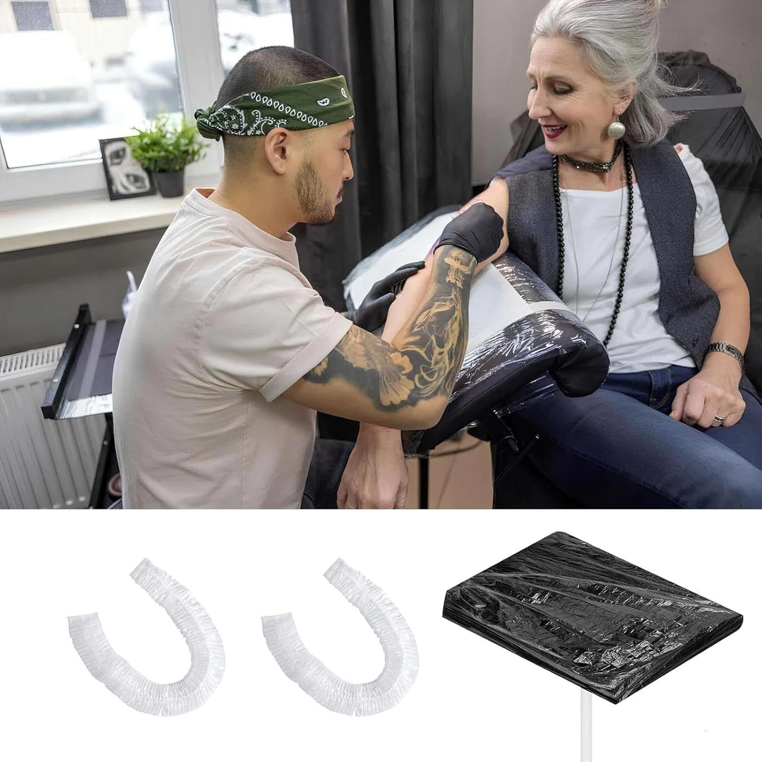 RUIFUU 50 Pcs Disposable Tattoo Arm Rest Covers,Tattoo Table Covers Salon Tray Covers Elastic Tattoo Tray Cover Plastic Machine Cover Tattoo Equipment for Most Tattoo Machine Trays image number 4